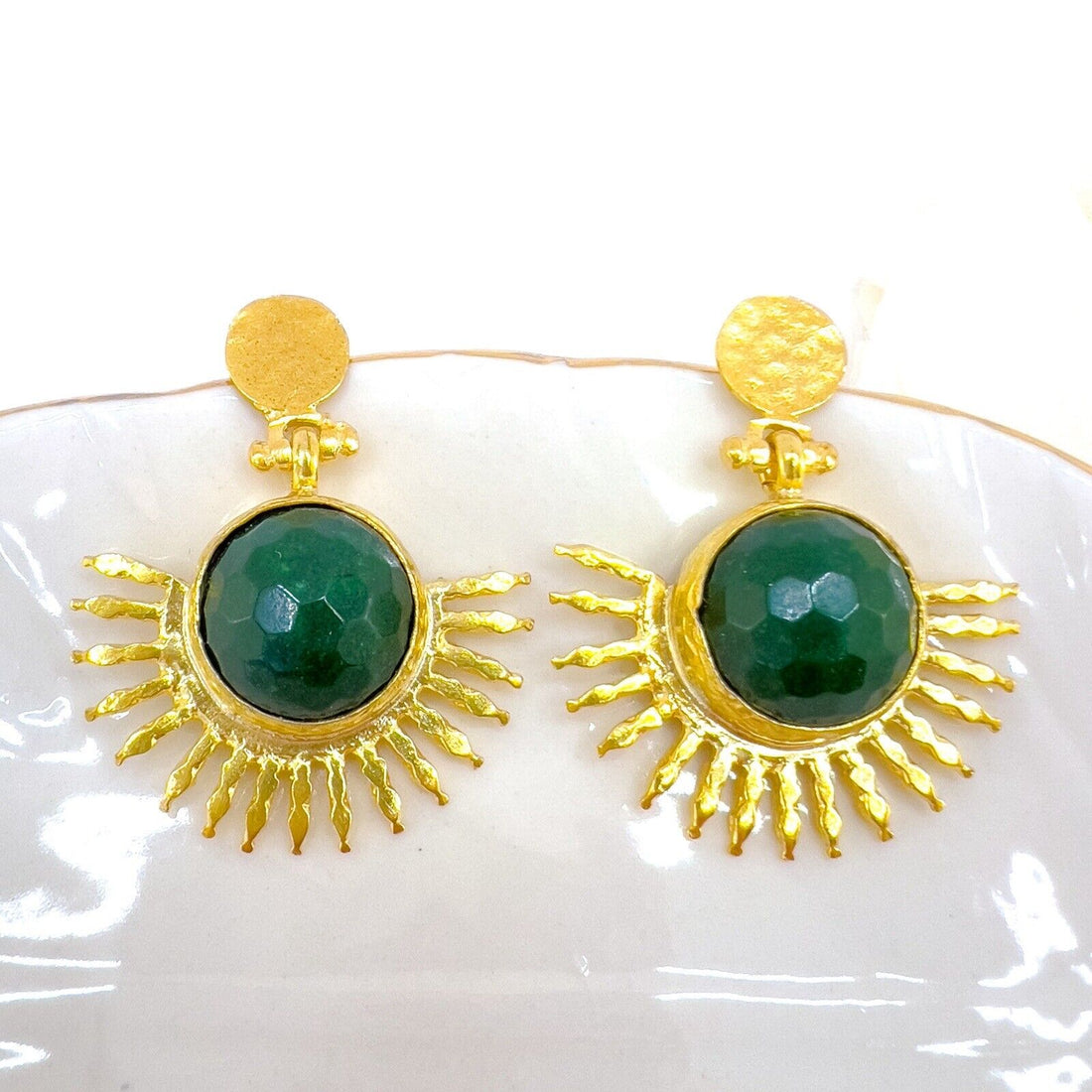 Etruscan Style Green Quartz Heavy Gold Plated Sunburst Dangle Earrings New 1.48"