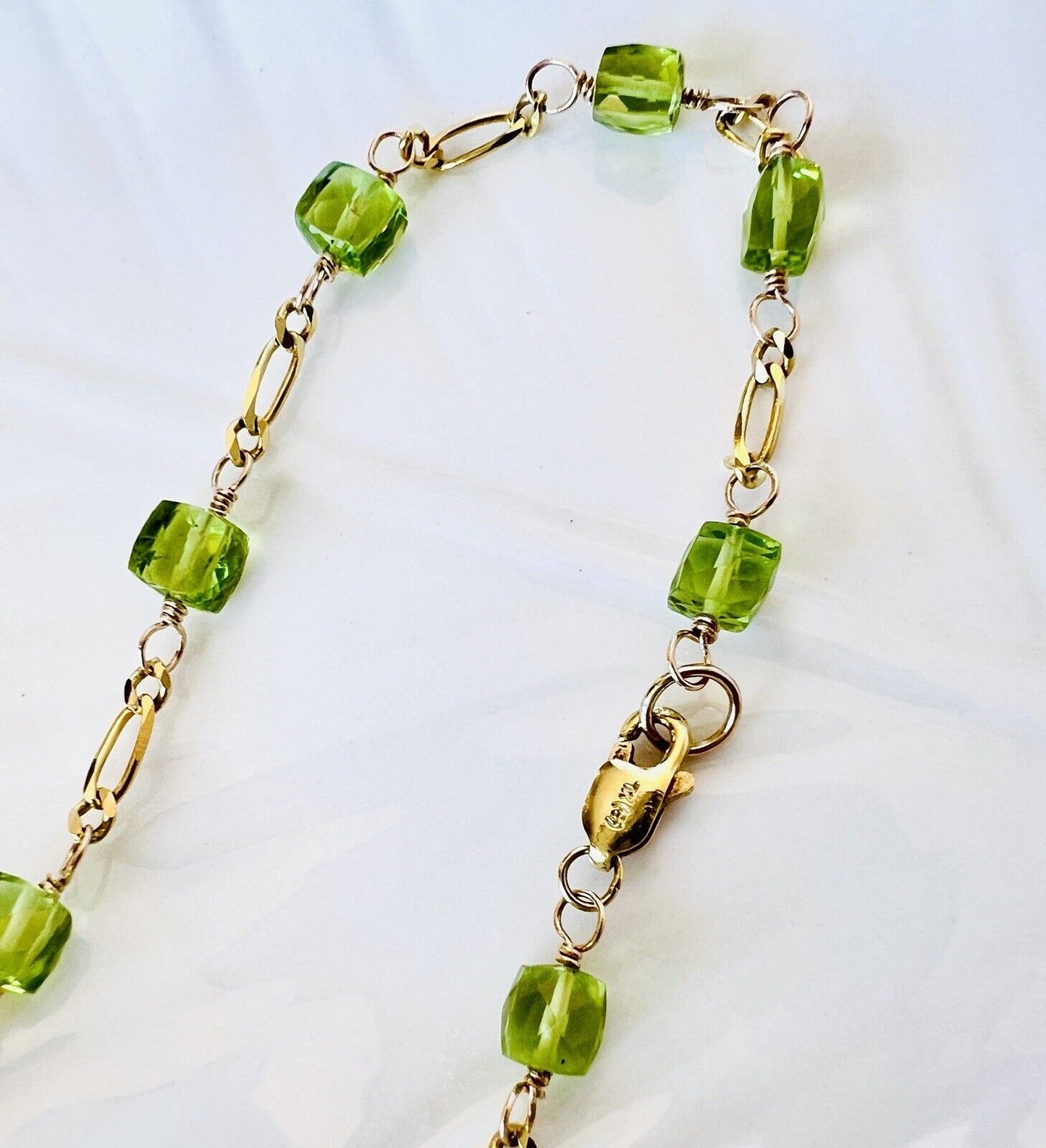 Solid 14k Yellow Gold Genuine Peridot Cube Station Chain Necklace, New 16.75”