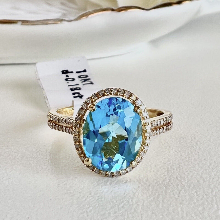 Solid 10k Yellow Gold Genuine Swiss Blue Topaz & Diamond Halo Ring, Size 7 New