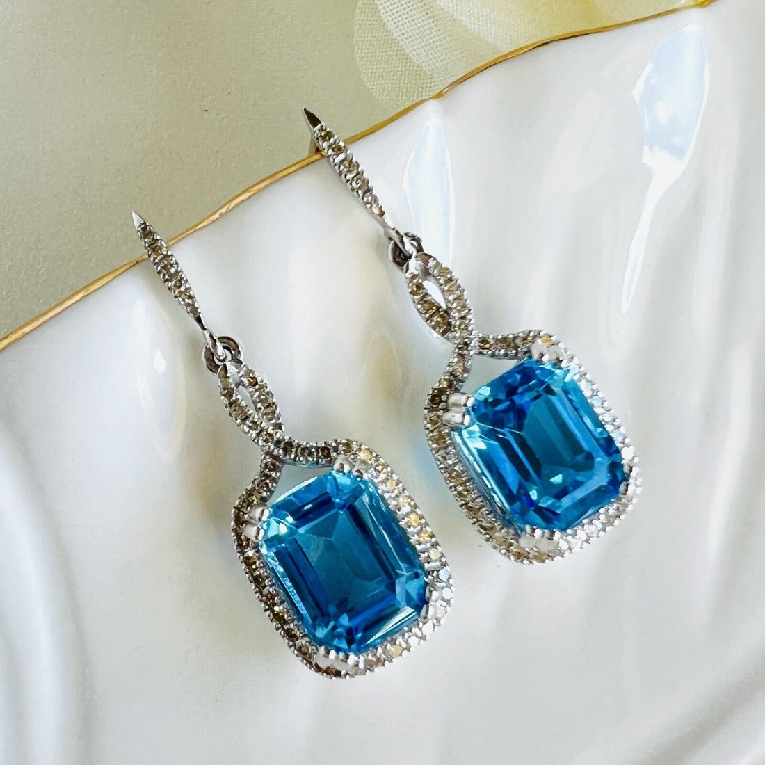 Gorgeous Swiss Blue Topaz (5.60ct) & Diamond (0.40ct) 14k Dangle Earrings, New