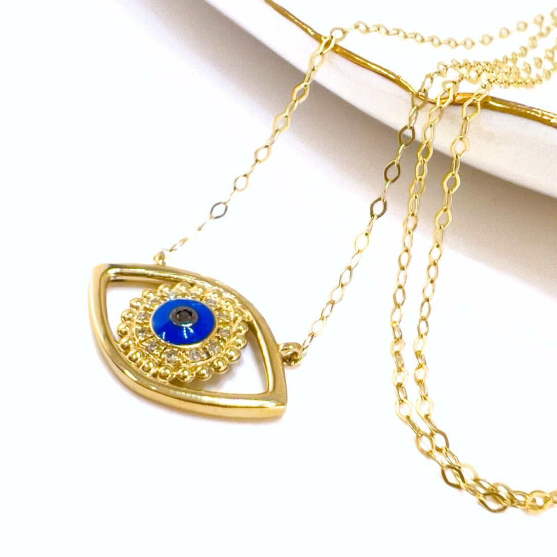 14k Yellow Gold Genuine  Diamond & Enamel Eye Protection Pendant Necklace, 17.5"