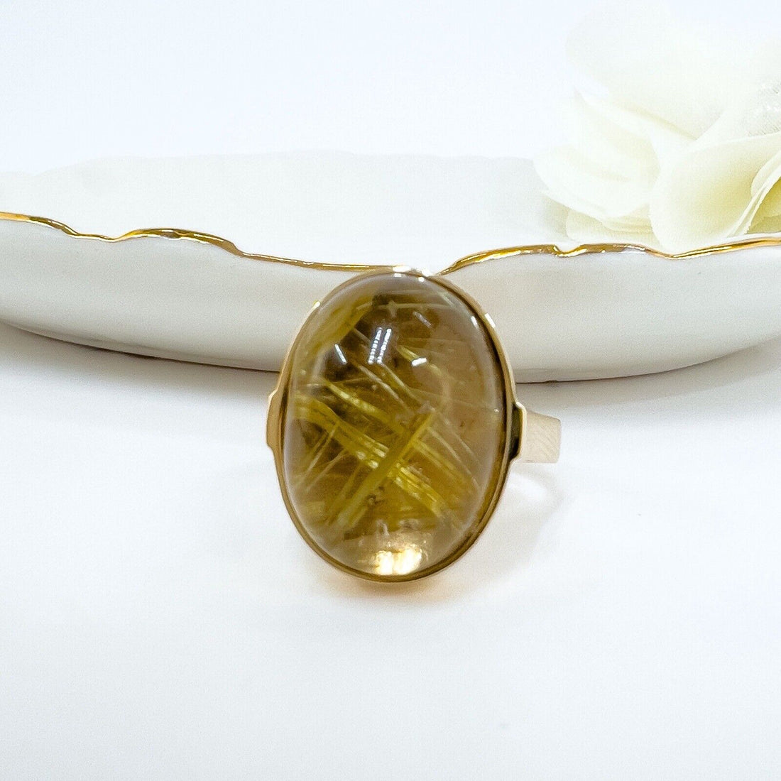 Solid 14k Yellow Gold Genuine Rutilated Quartz Ring, Size 7