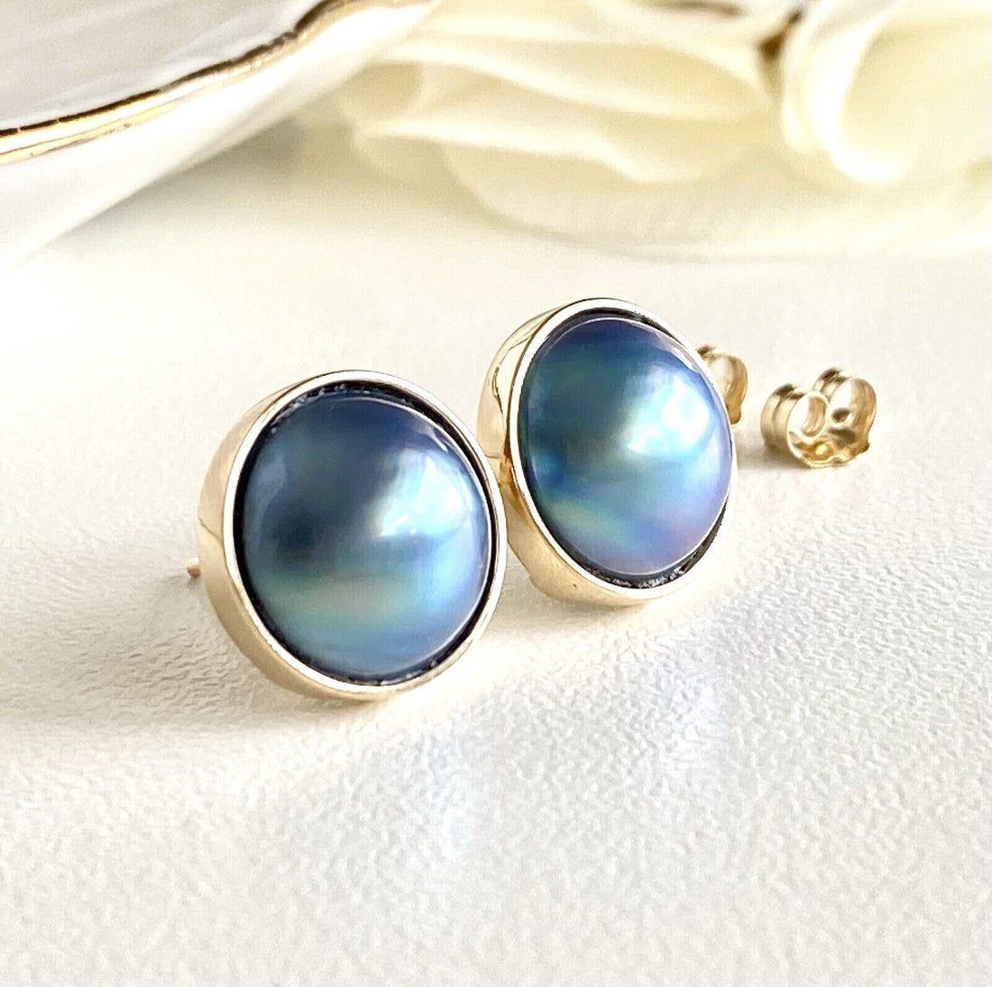 Genuine Blue/Gray Mabe Pearl (11.25mm) Solid 14K Yellow Gold Stud Earrings, New