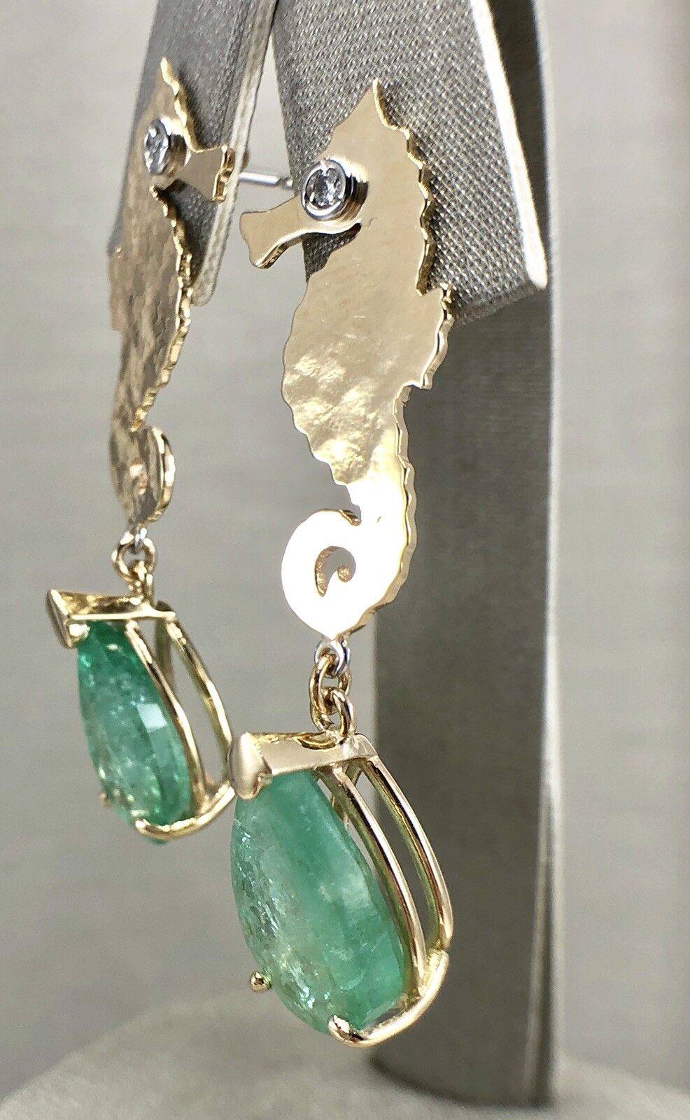 Colombian Emerald & Diamond 14K Yellow Gold Seahorse Dangle Earrings, New