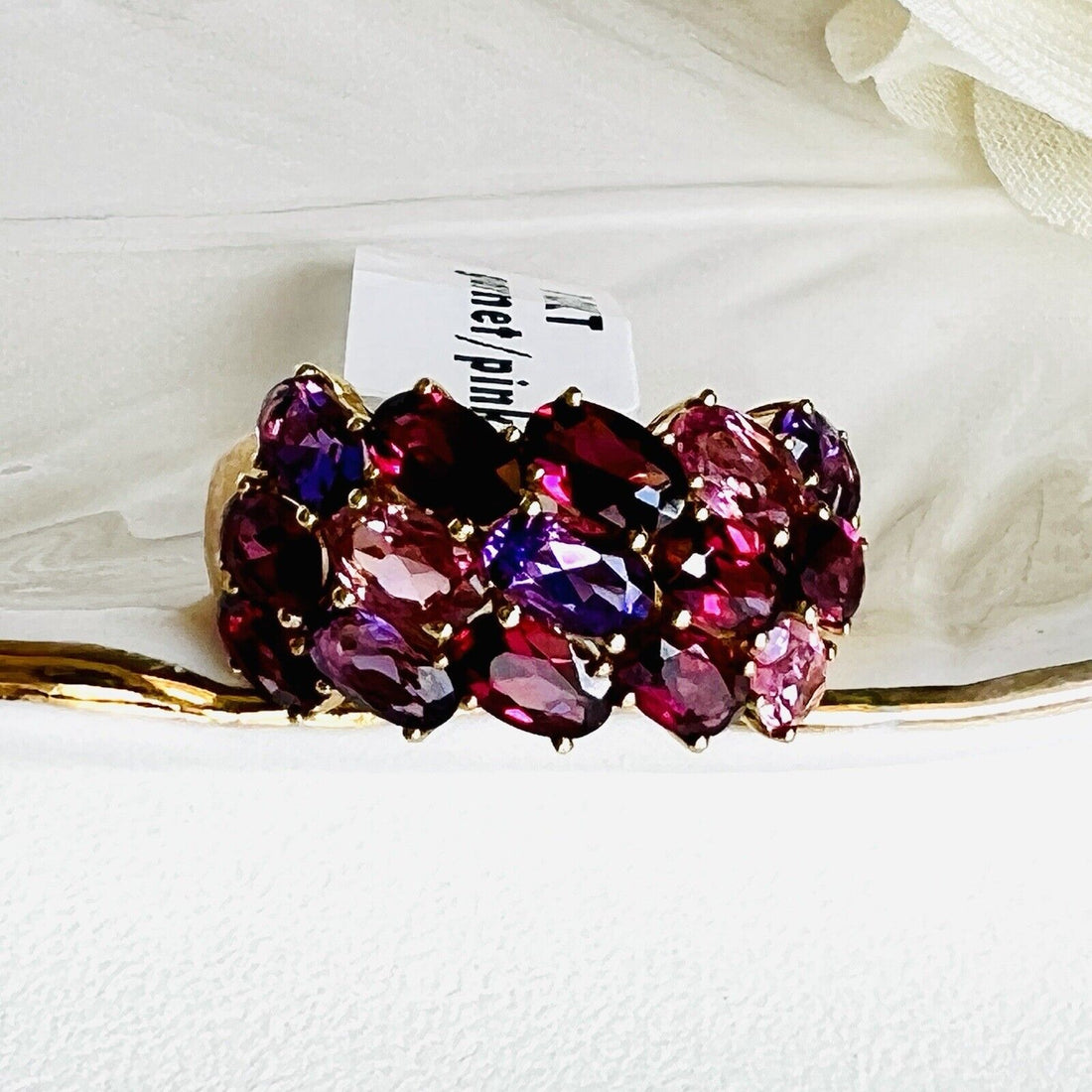 Solid 10k Yellow Gold Amethyst & Tourmaline Cluster Ring, New Size 7