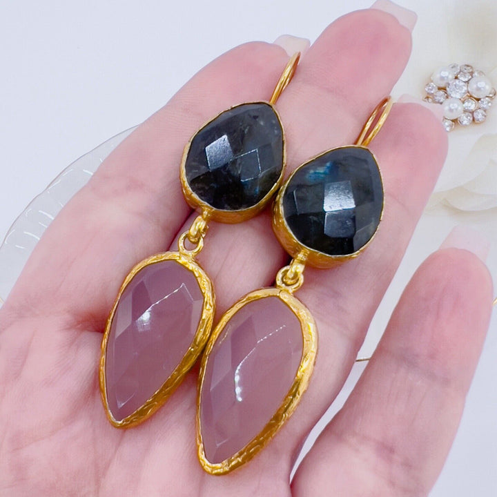 Etruscan Revival Labradorite & Rose Chalcedony Earrings 22k Yellow Gold Overlay