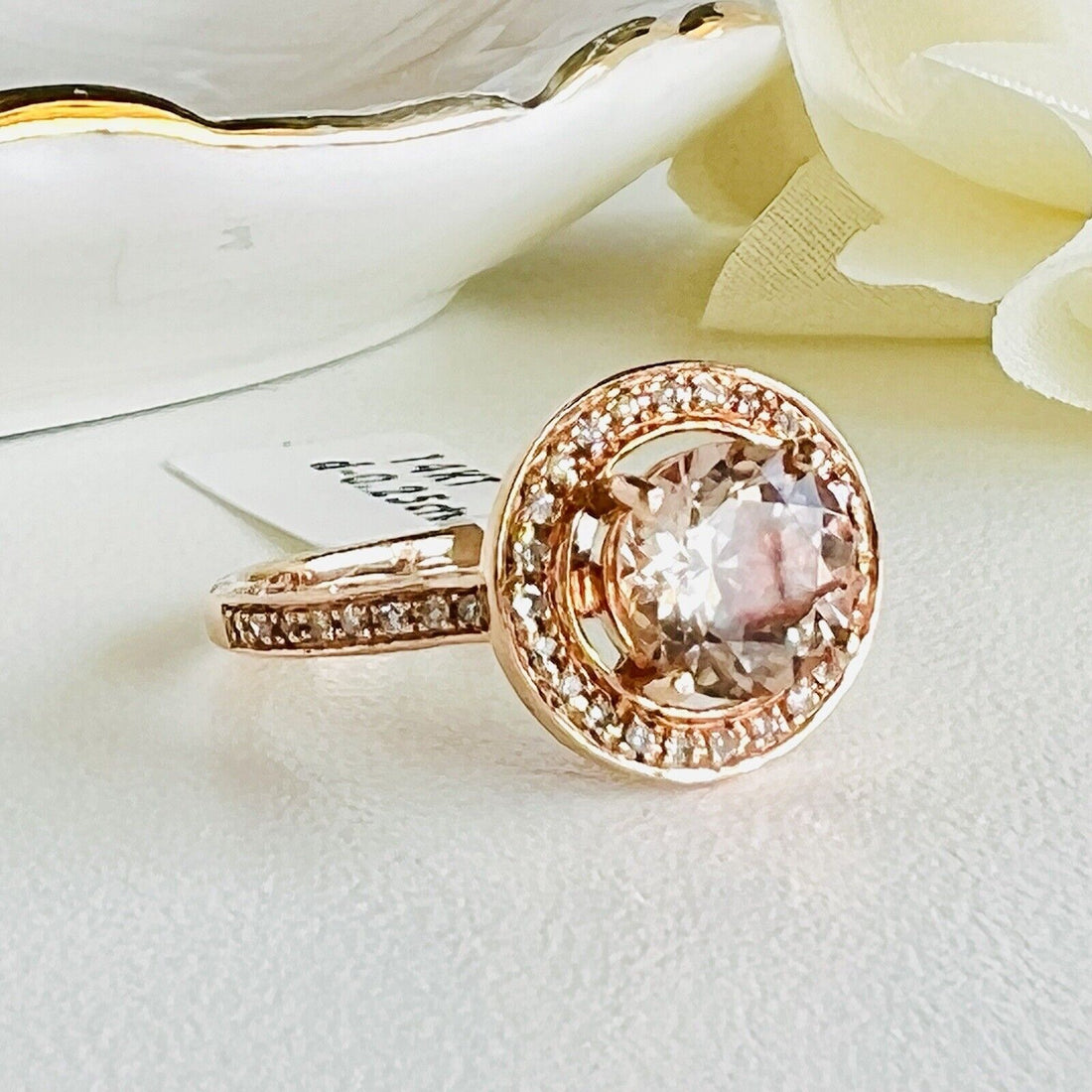 Genuine Morganite & Diamond Halo Solid 14k Rose Gold Ring, New Size 7