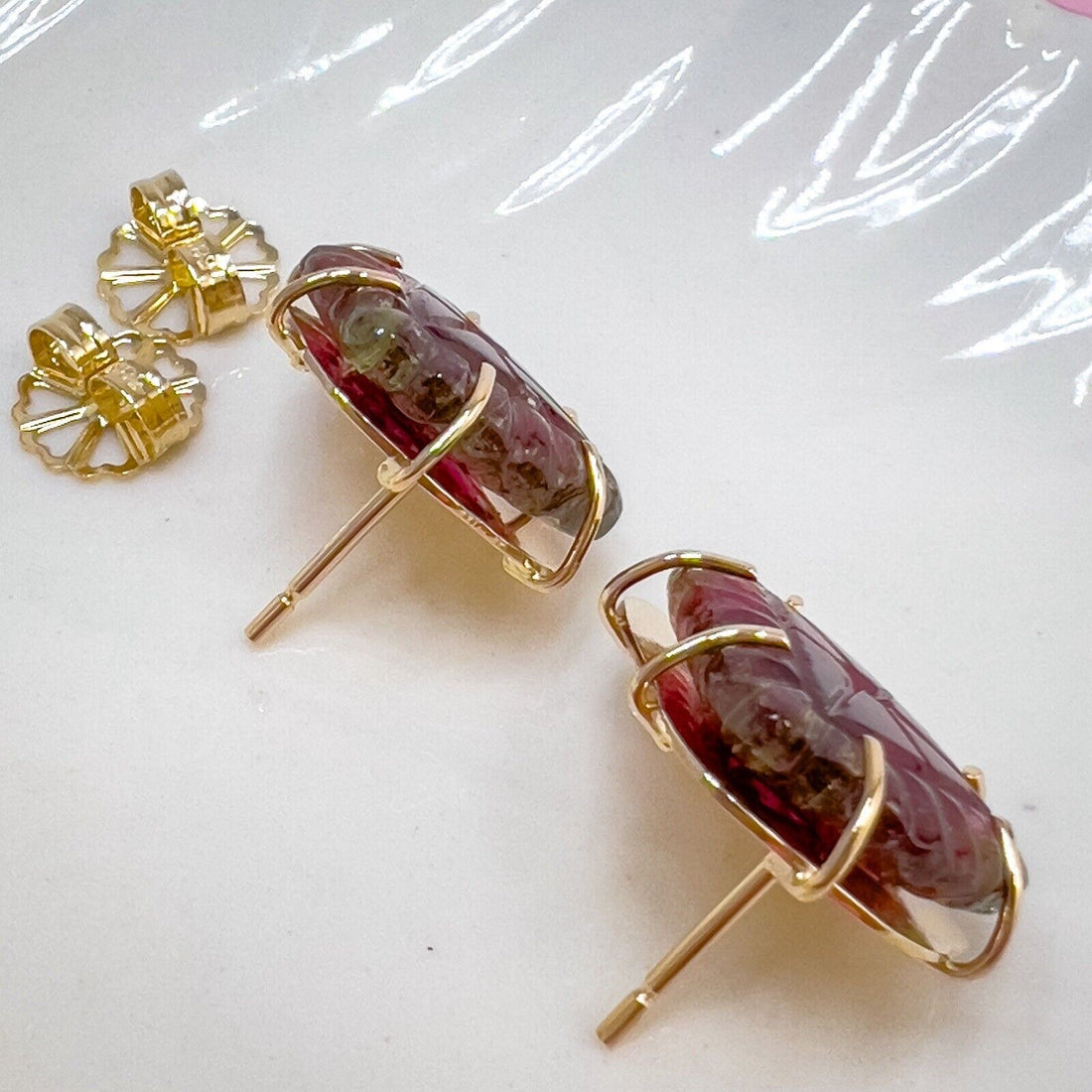 Unique 14k Yellow Gold Watermelon Tourmaline Custom-Made Stud Earrings