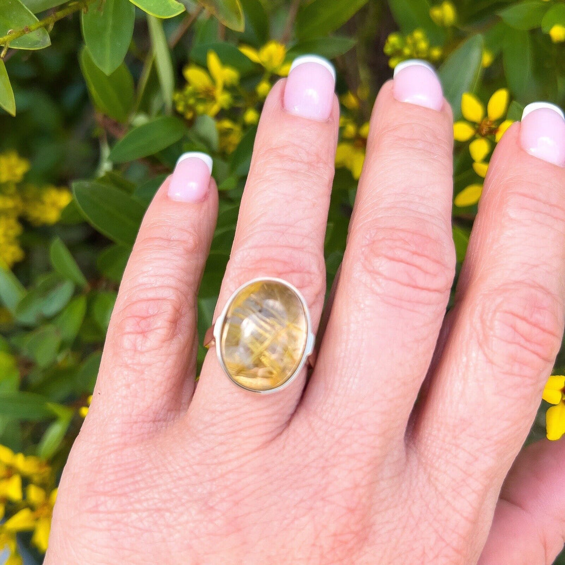 Solid 14k Yellow Gold Genuine Rutilated Quartz Ring, Size 7