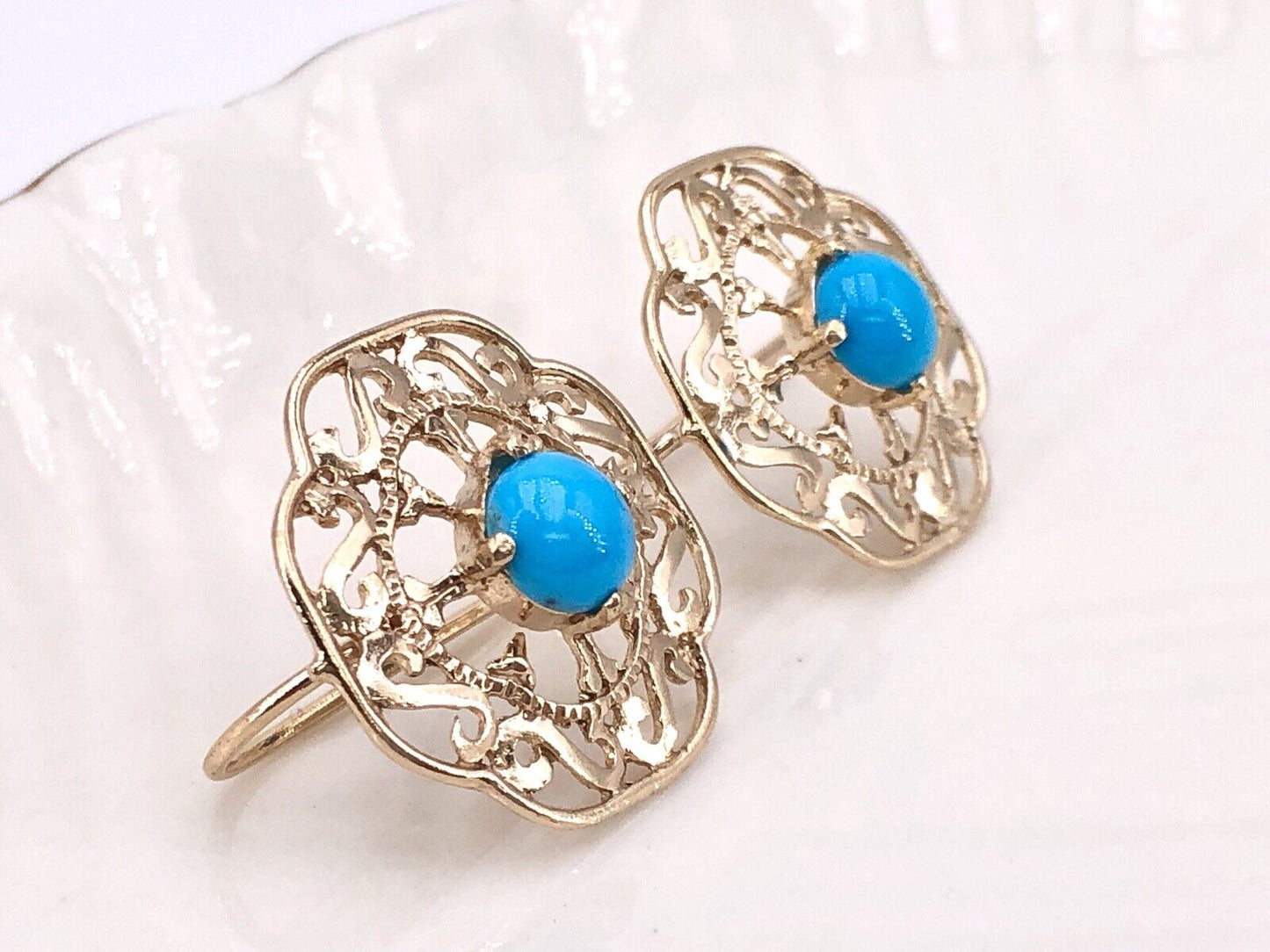 Solid 14k Yellow Gold & Sleeping Beauty Turquoise Filigree Hook Earrings, New