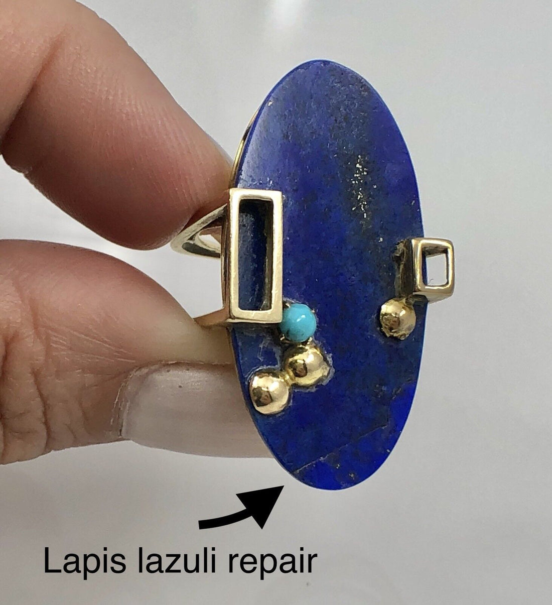 Vintage Geometric Lapis Lazuli & Turquoise 14K Solid Gold Ring, Size 6