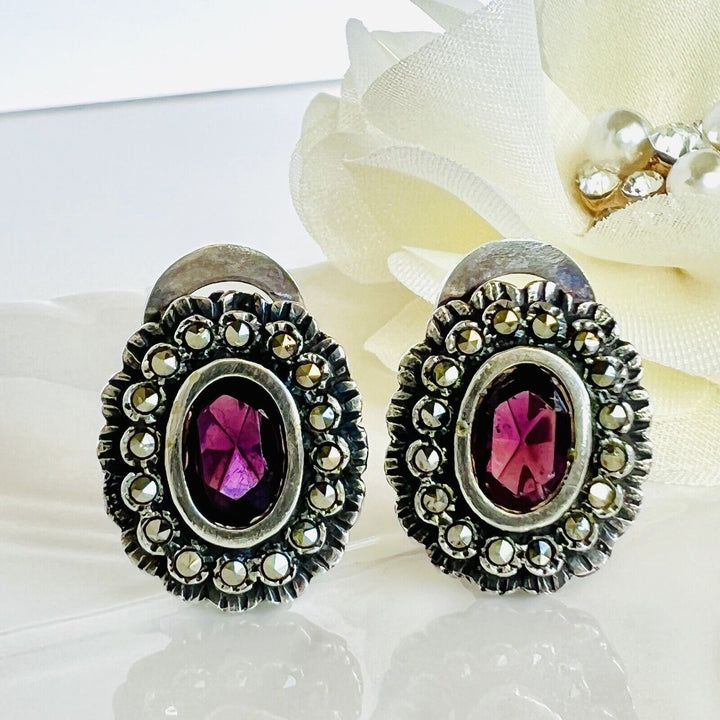 Vintage Sterling Silver Simulated Amethyst & Marcasite Omega Post Earrings, New