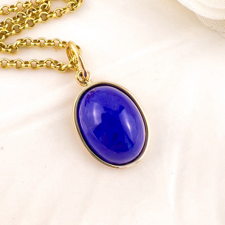 Natural Lapis Lazuli 14k Yellow Gold Oval Pendant, Unisex, Handcrafted