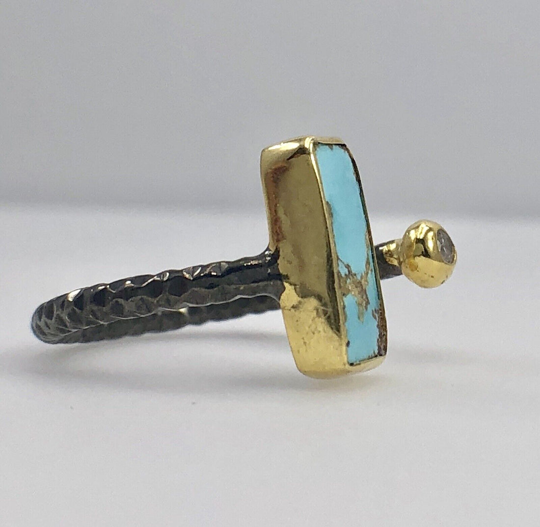 Designer Persian Turquoise & CZ Antiqued Sterling Silver & 22K Gold Ring #2