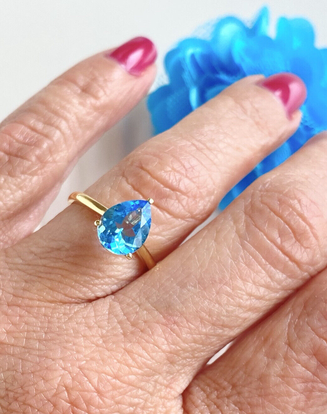 Solid 14K Yellow Gold and Genuine Swiss Blue Topaz Solitaire Ring, New