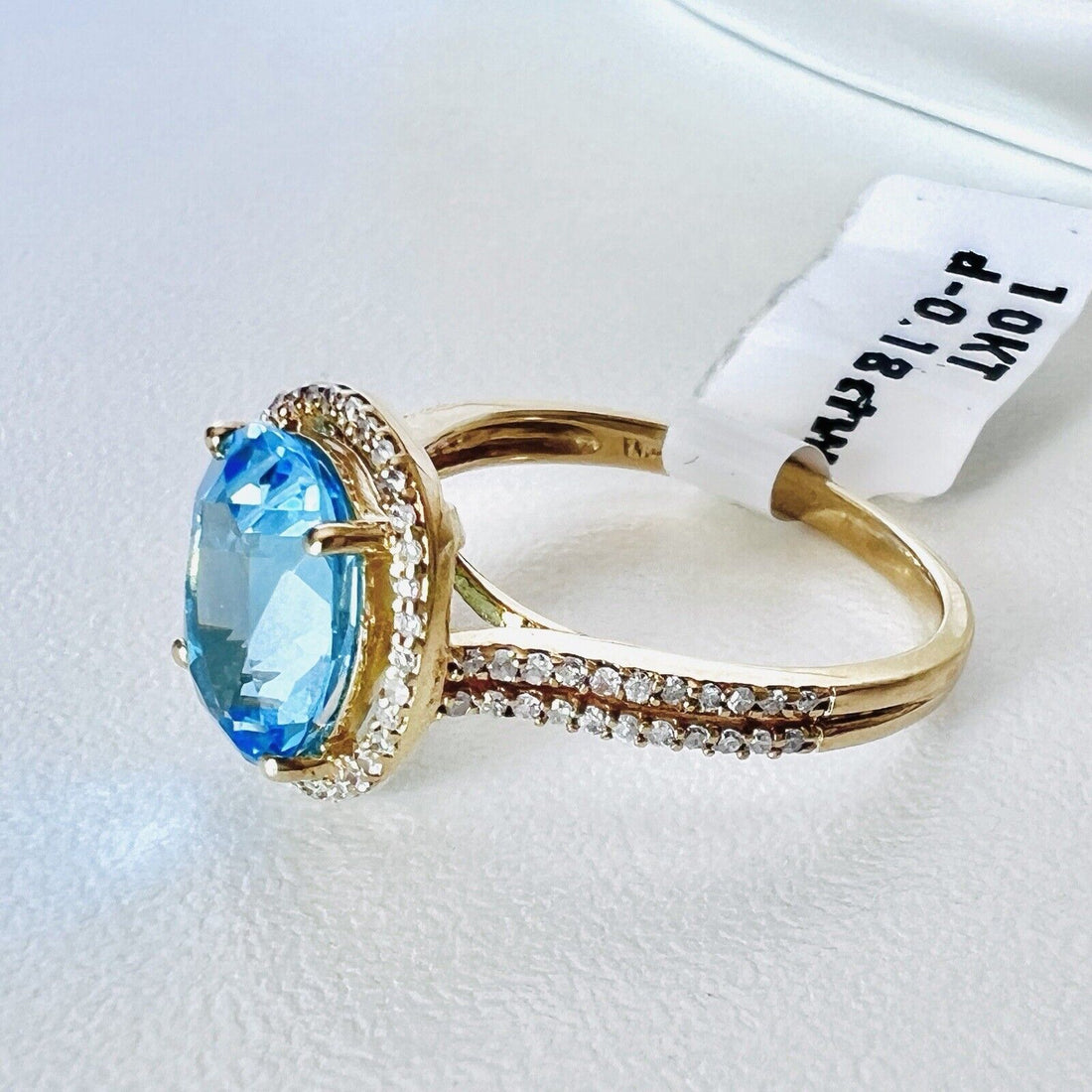 Solid 10k Yellow Gold Genuine Swiss Blue Topaz & Diamond Halo Ring, Size 7 New