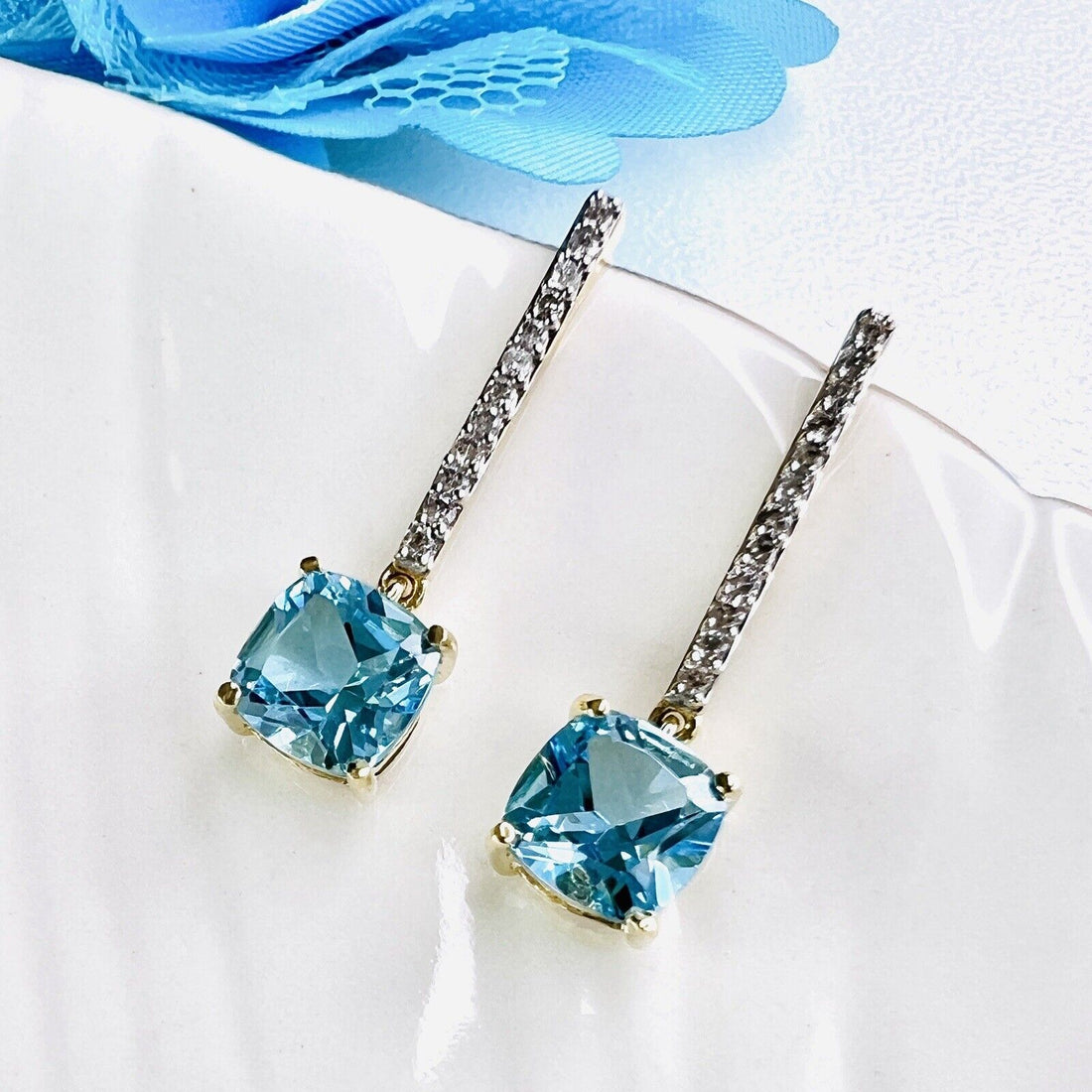 Solid 10k Yellow Gold Genuine Swiss Blue Topaz & Diamond Dangle Earrings, New