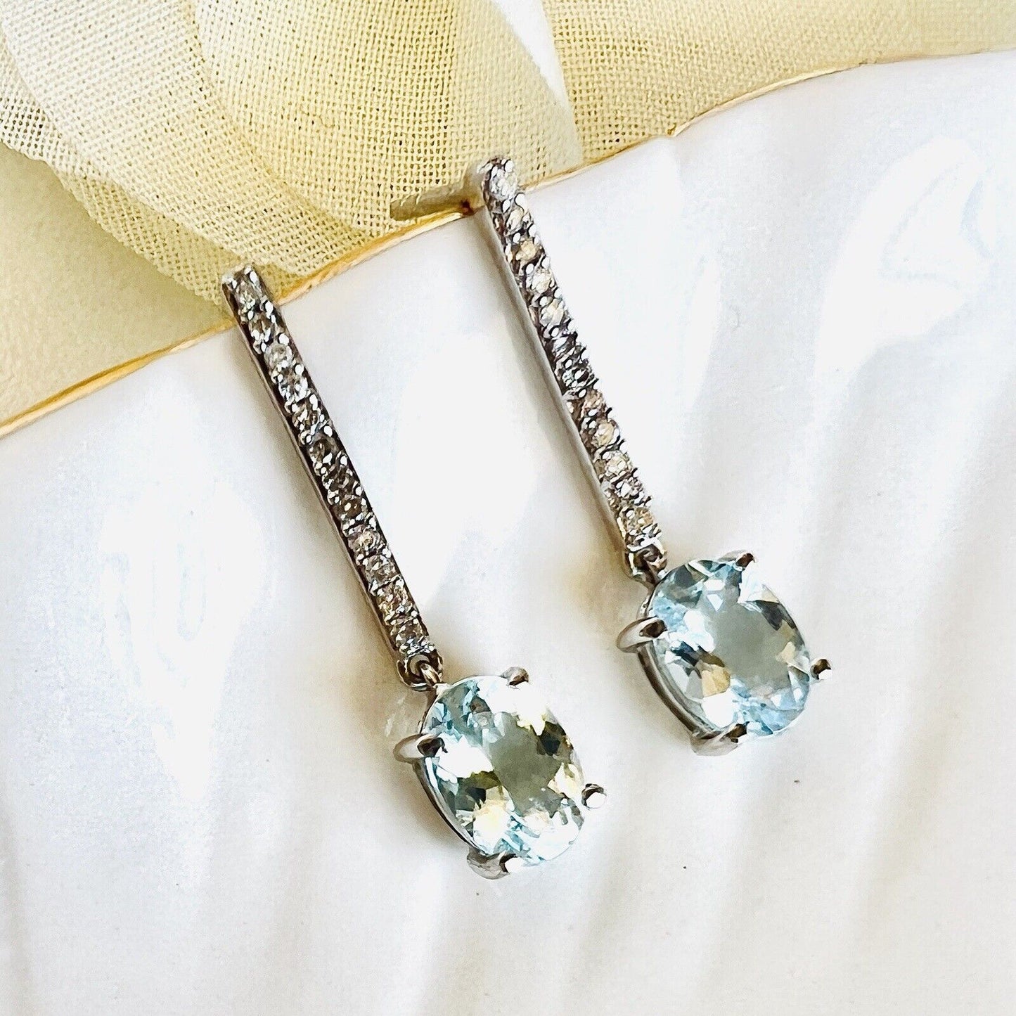 Solid 10k White Gold Genuine Aquamarine & Diamond Dangle/Drop Earrings, New