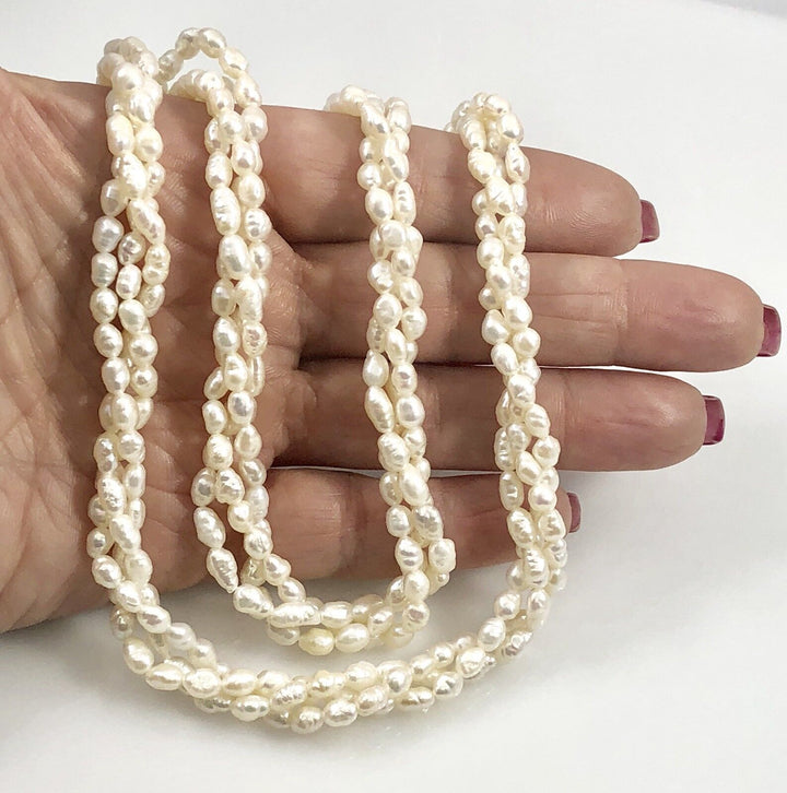 Vintage Genuine Rice Pearl 3-Row Rope Endless Necklace, 28", New