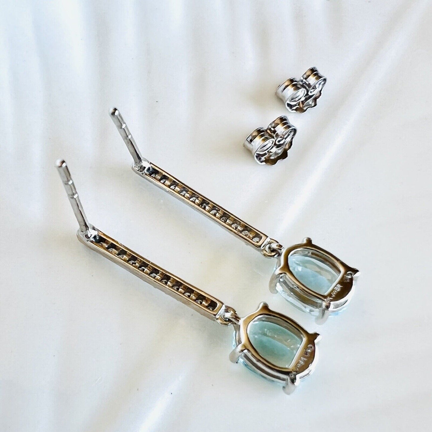 Solid 10k White Gold Genuine Aquamarine & Diamond Dangle/Drop Earrings, New