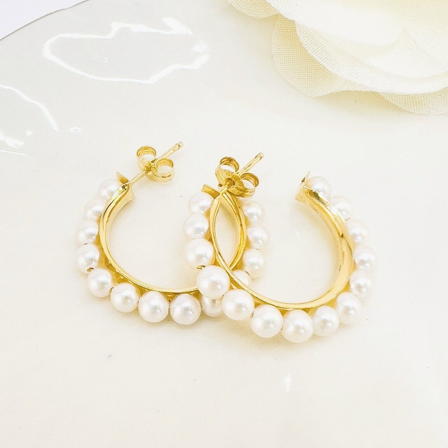 14k Yellow Gold Genuine Pearl Hoop Earrings, New, Small