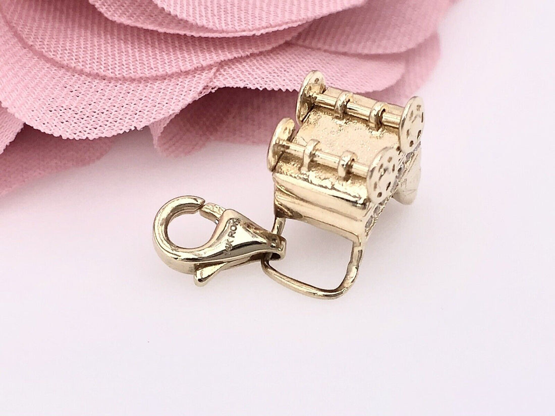 Solid 14K Yellow Gold & Cubic Zirconia 3D Baby Stroller/Carriage Charm, New