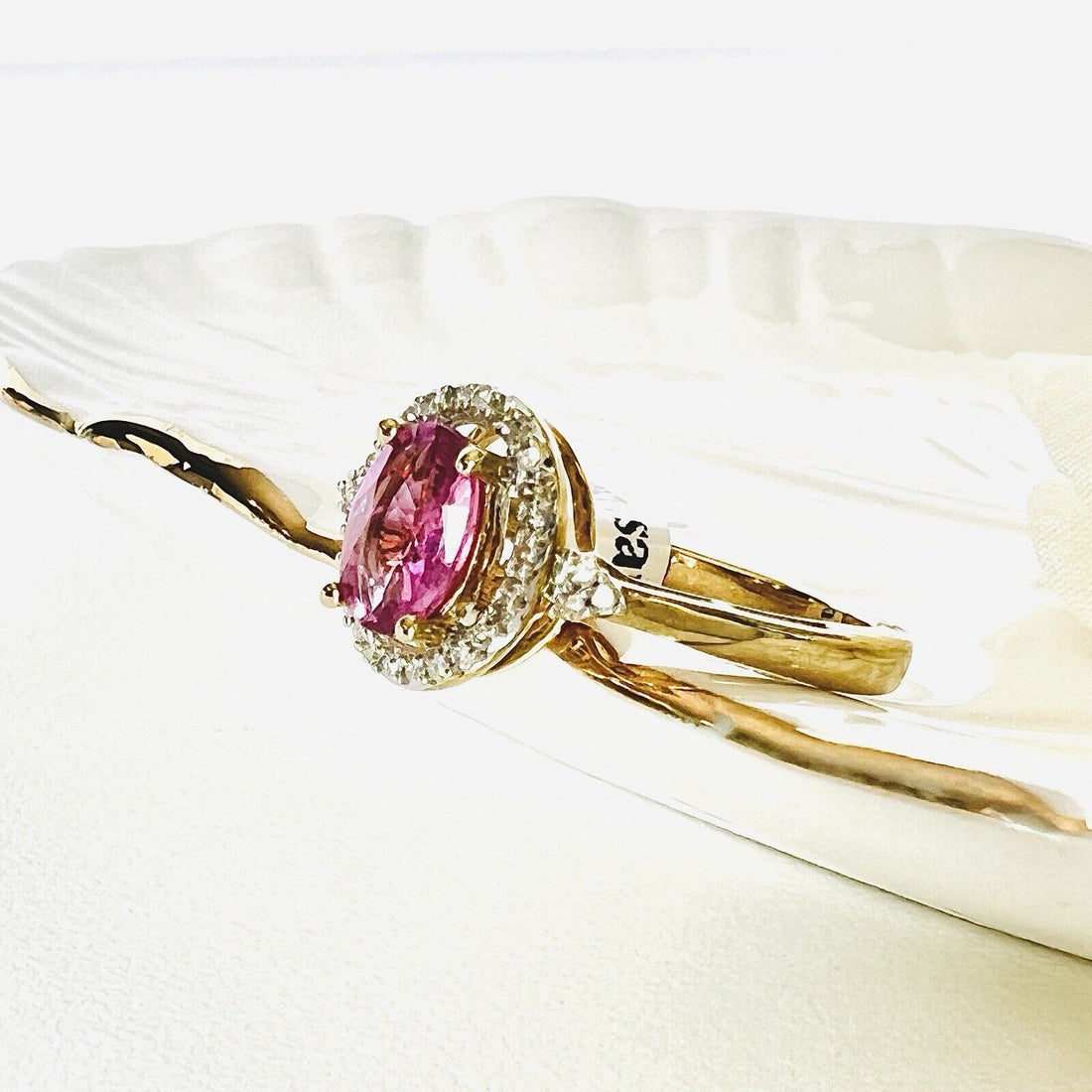 Solid 10k Yellow Gold Genuine Pink Sapphire & Diamonds Halo Ring, New, Size 7