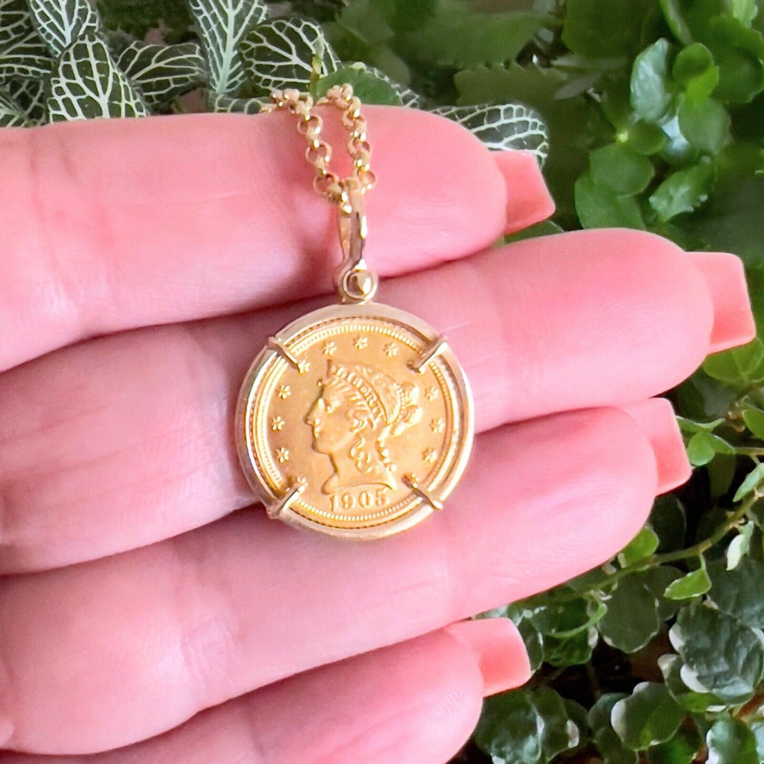 Genuine 1905 US Liberty Head 2.5 Dollar Quarter Eagle Coin With 14k Gold Pendant