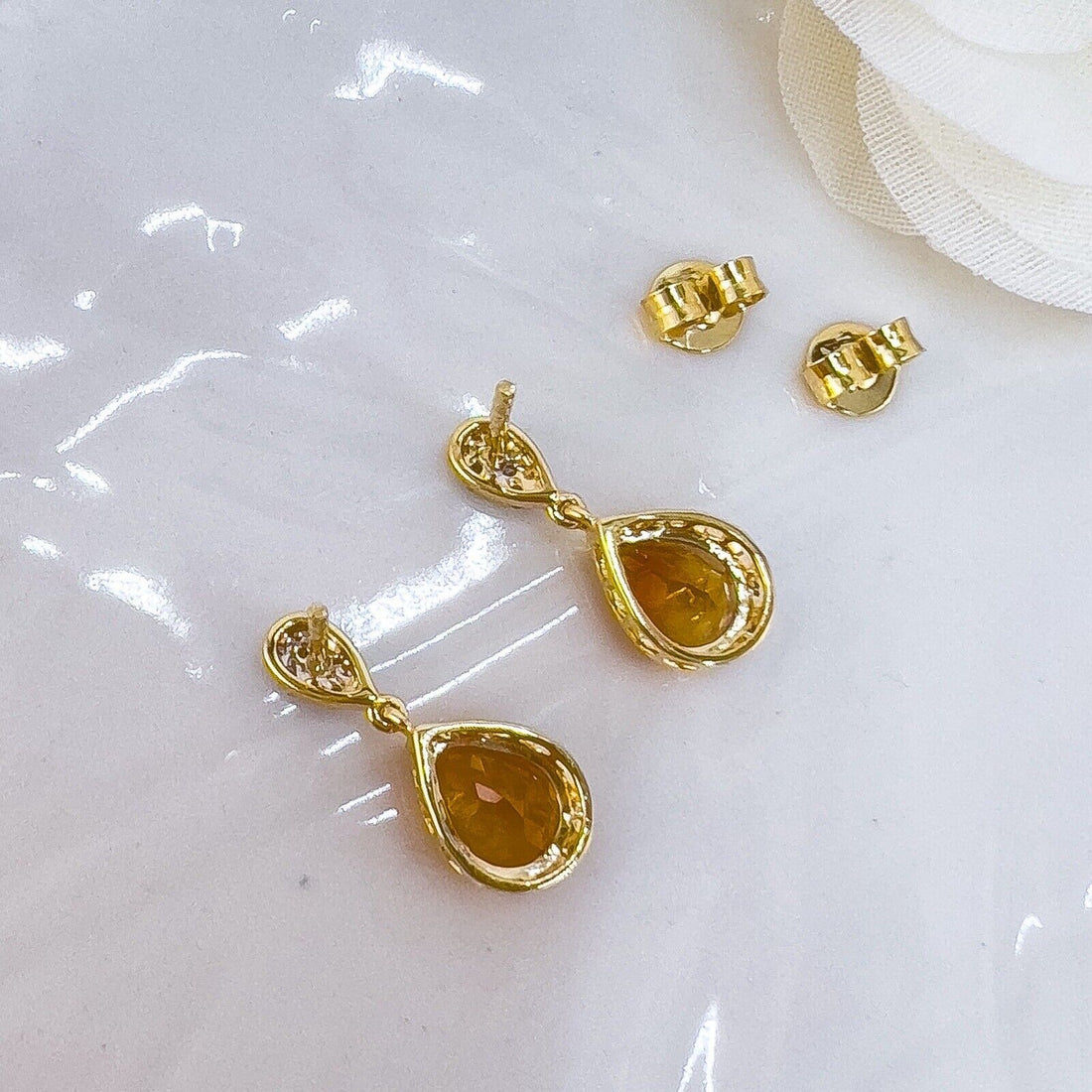 Genuine Citrine & Diamond Solid 10k Yellow Gold Dangle/Drop Earrings