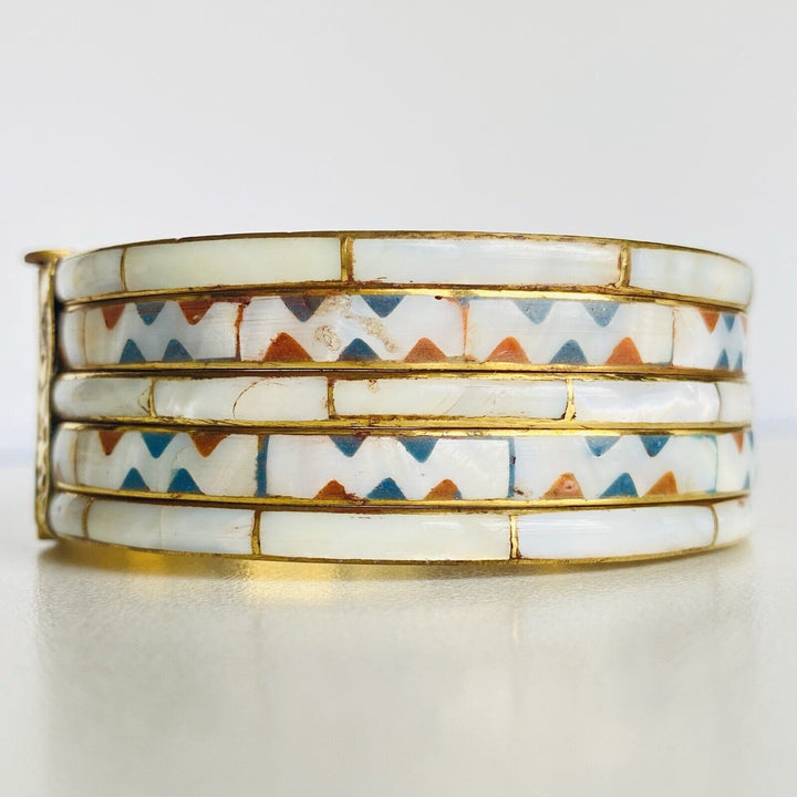 Vintage Mother of Pearl Inlay & Enamel Bohemian Bangle Bracelet, New