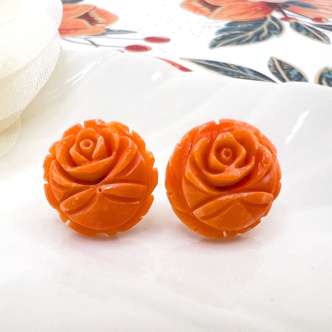 14k Gold Genuine Japanese Orange Coral Carved Rose Stud Earrings, New