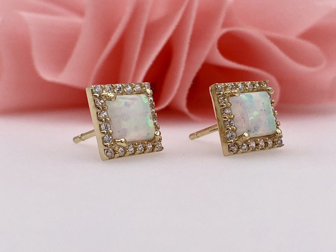 14K Yellow Gold, Opal & CZ Square Stud Earrings, New