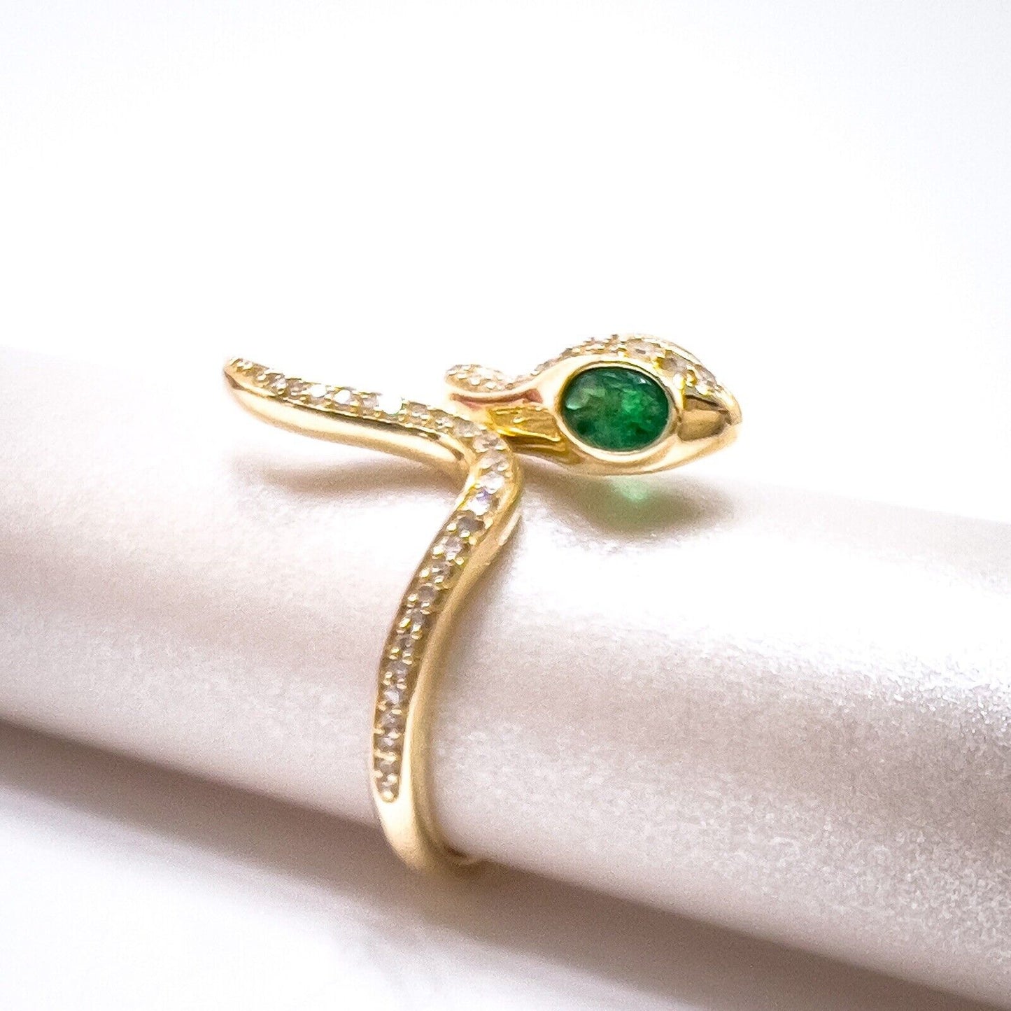 🐍Genuine Emerald & Diamond 14k Yellow Gold Snake Ring, New, Size7.5