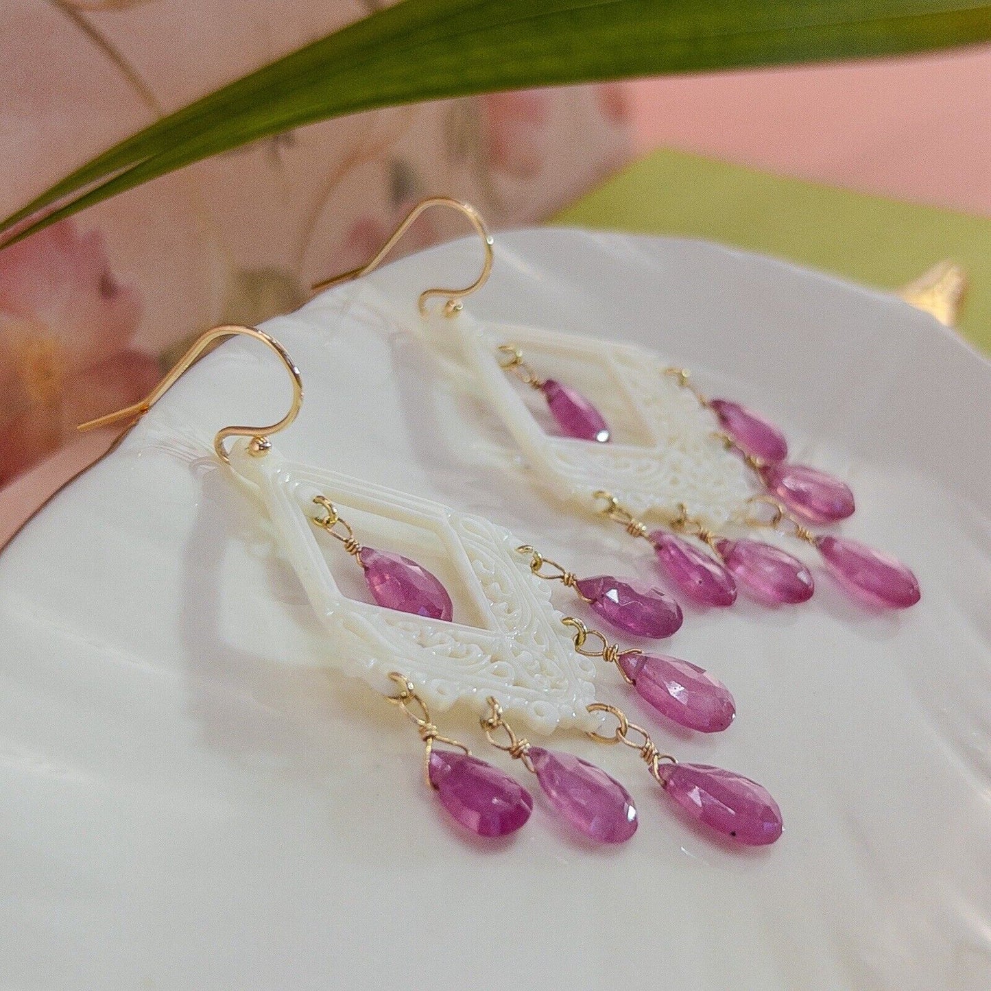 Solid 14k Yellow Gold Pink Sapphire & Mother of Pearl Chandelier Dangle Earrings