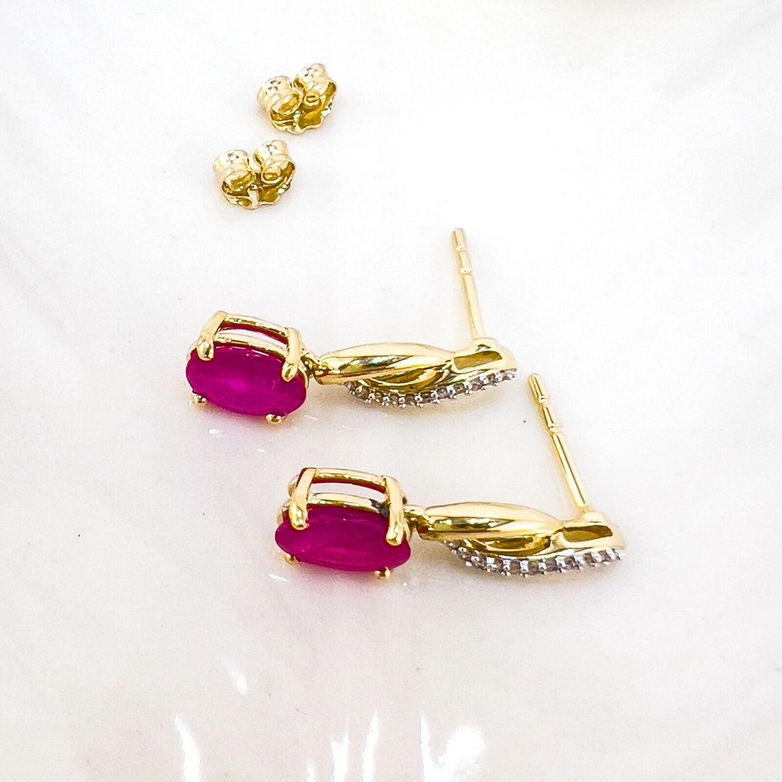 Solid 10k Yellow Gold Genuine Ruby & Diamond Dangle/Drop Earrings, New