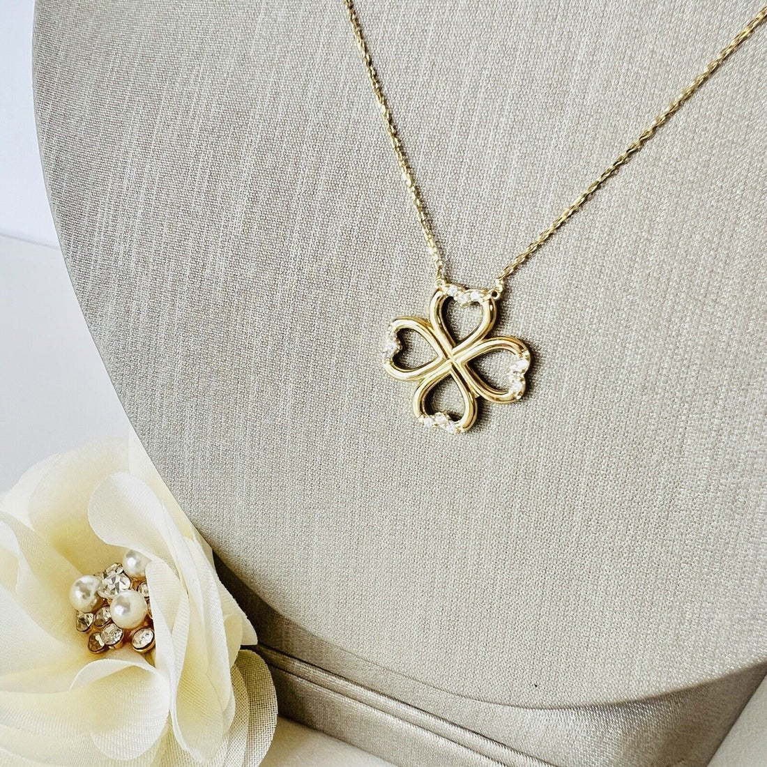 Solid 14k Yellow Gold Lucky Clover Cubic Zirconia  Pendant/Necklace New 18"