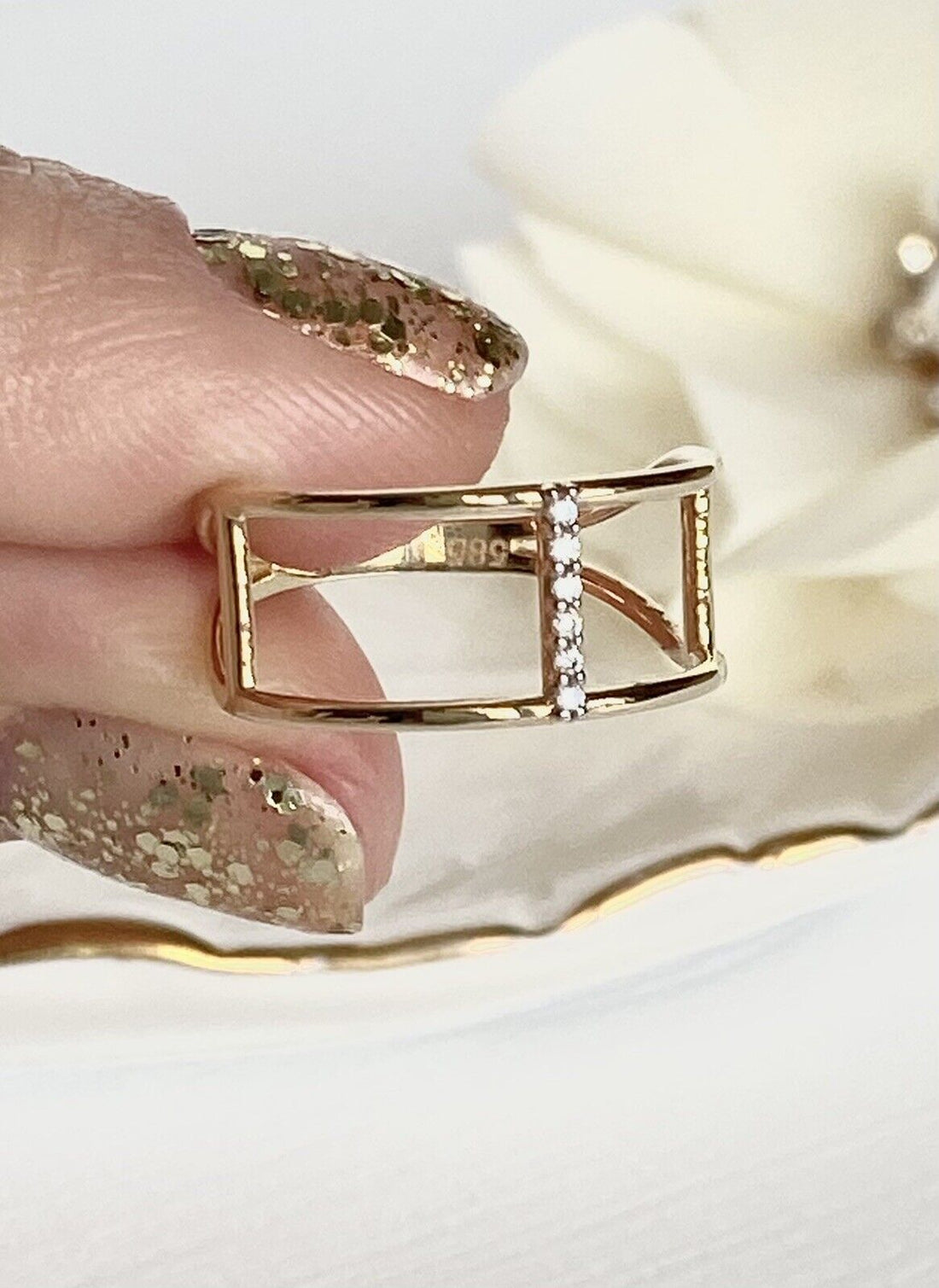 Solid 14k Yellow Gold & Cubic Zirconia Double Bar Ring New, Sz 6.5