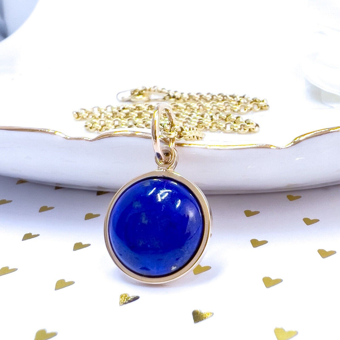 Natural Lapis Lazuli 14k Yellow Gold Round Pendant, Unisex, Handcrafted