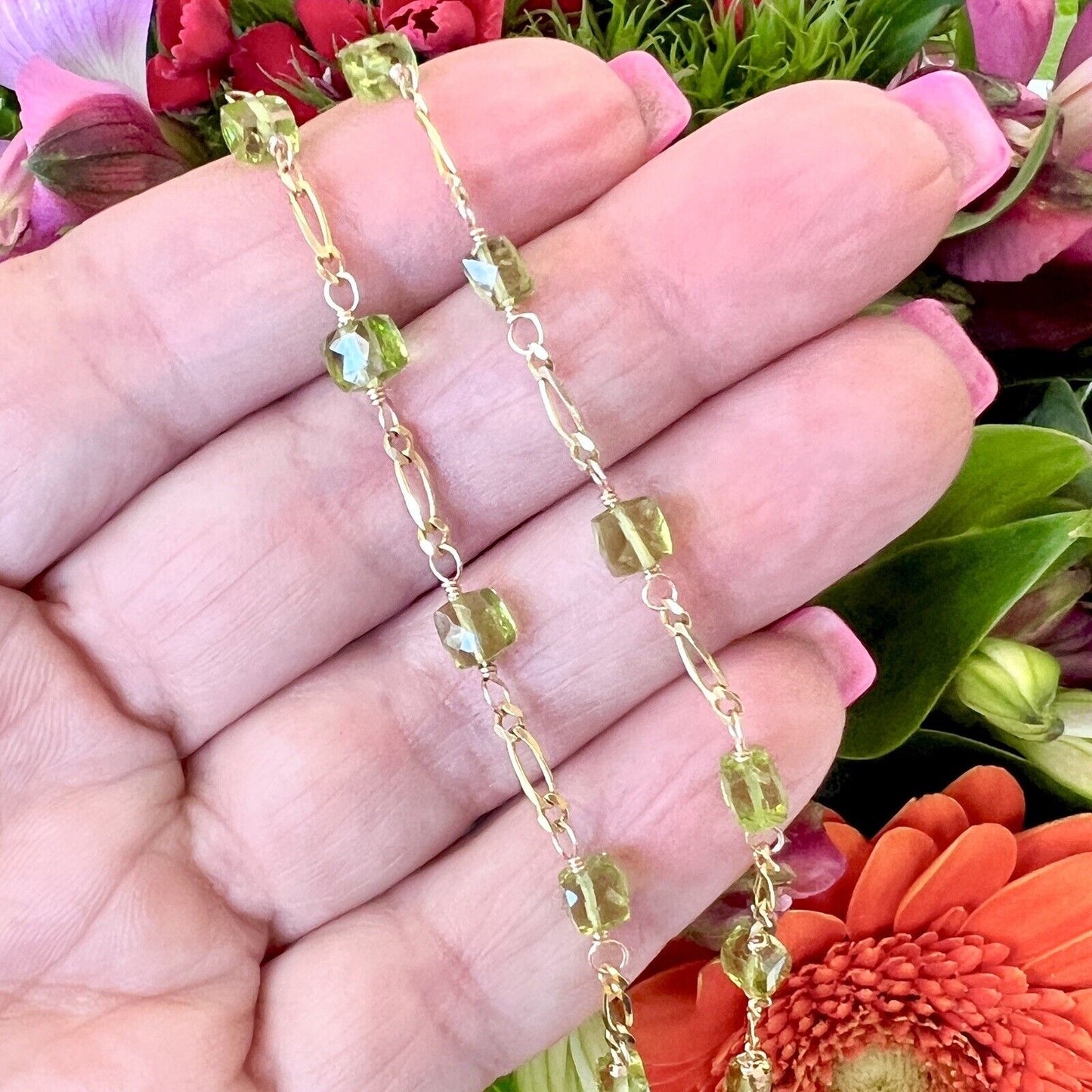 Solid 14k Yellow Gold Genuine Peridot Cube Station Chain Necklace, New 16.75”