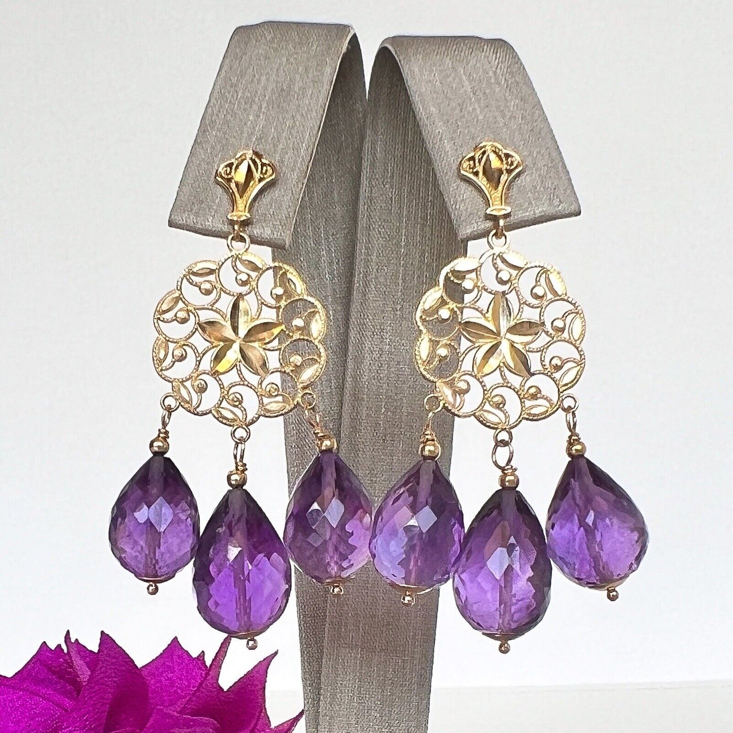 Solid 14k Yellow Gold Genuine Amethyst Briolette Chandelier Earrings, New