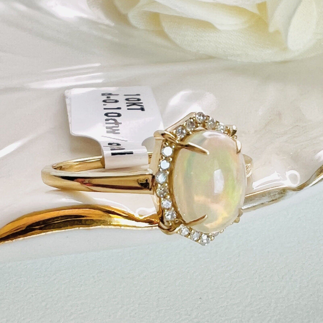 Solid 10k Yellow Gold Genuine Opal & Diamond Halo Ring, Size 7 New