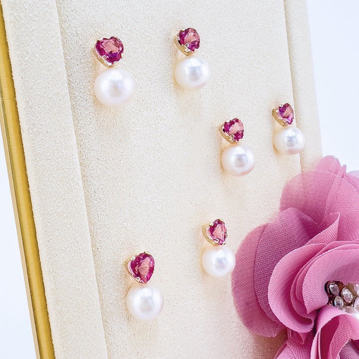 14k Yellow Gold Pink Topaz Heart & Genuine Pearl Stud Earrings, New