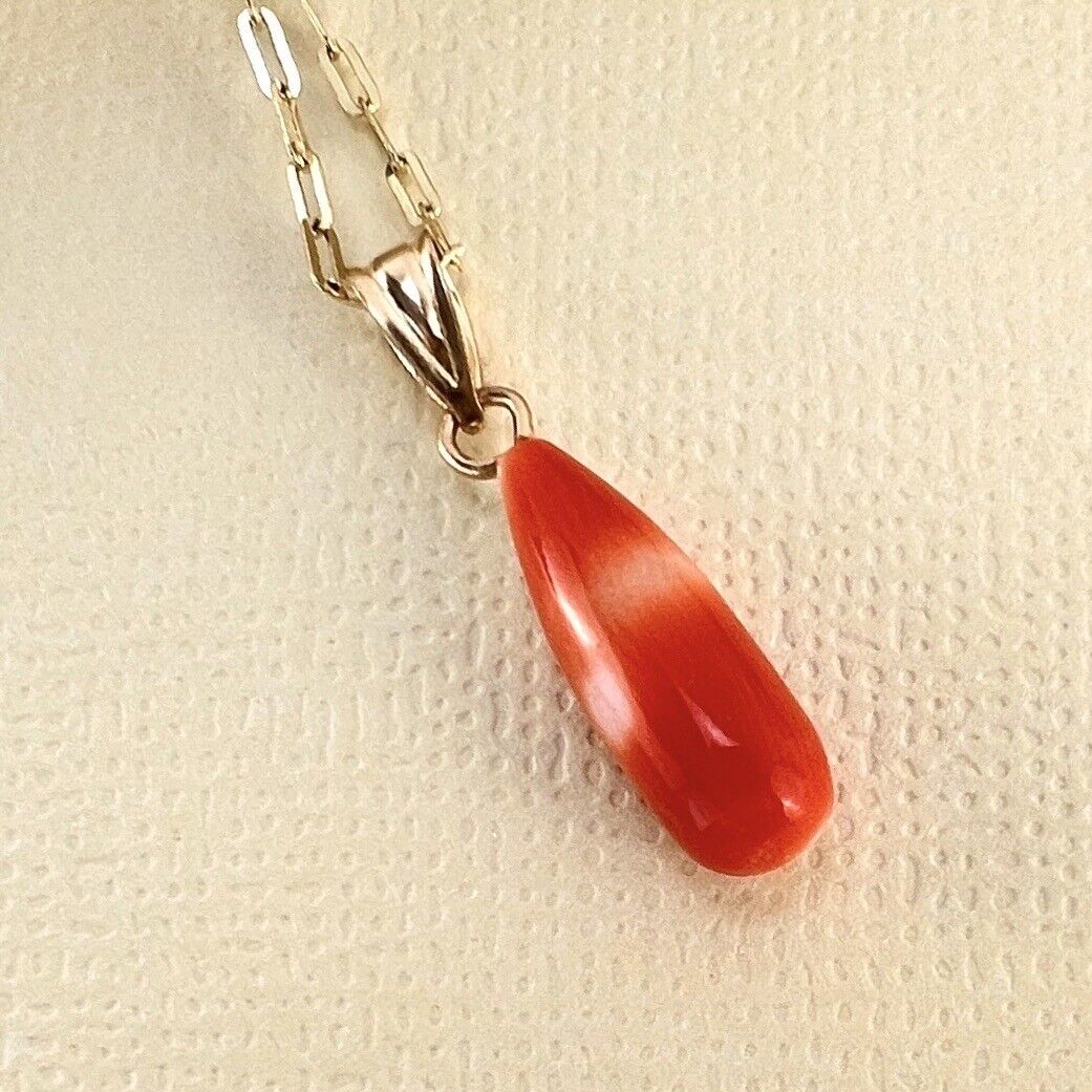 Solid 14k Yellow Gold Japanese Coral Drop Pendant, New