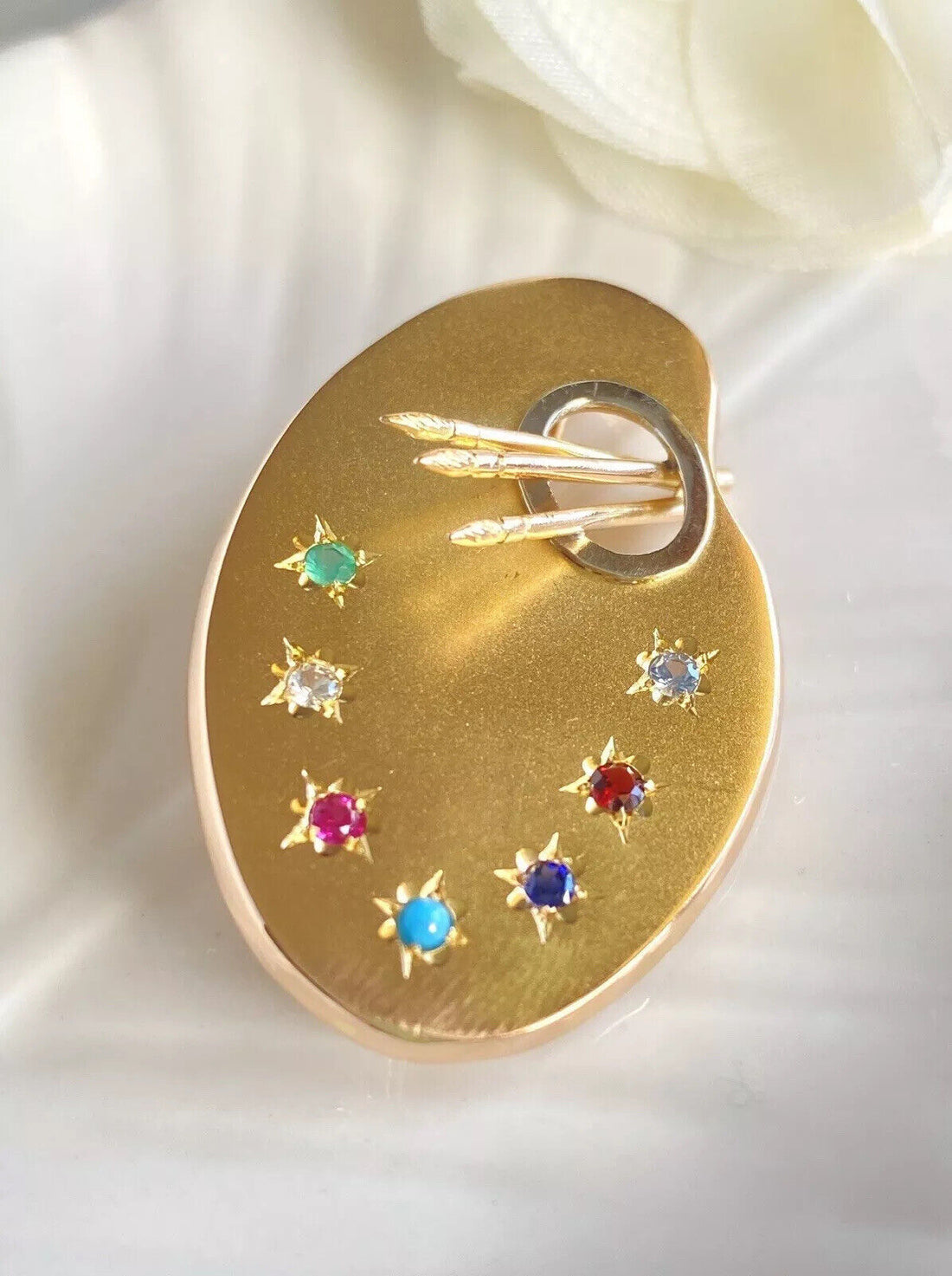 18k Yellow Gold Artist's Palette Multi-Gemstone Pin/Pendant, Italy, Pre-owned