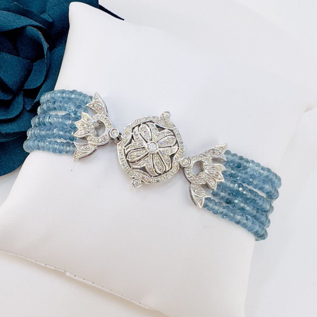 Antique Style 14k White Gold Genuine London Blue Topaz & Diamond Bracelet New 7"