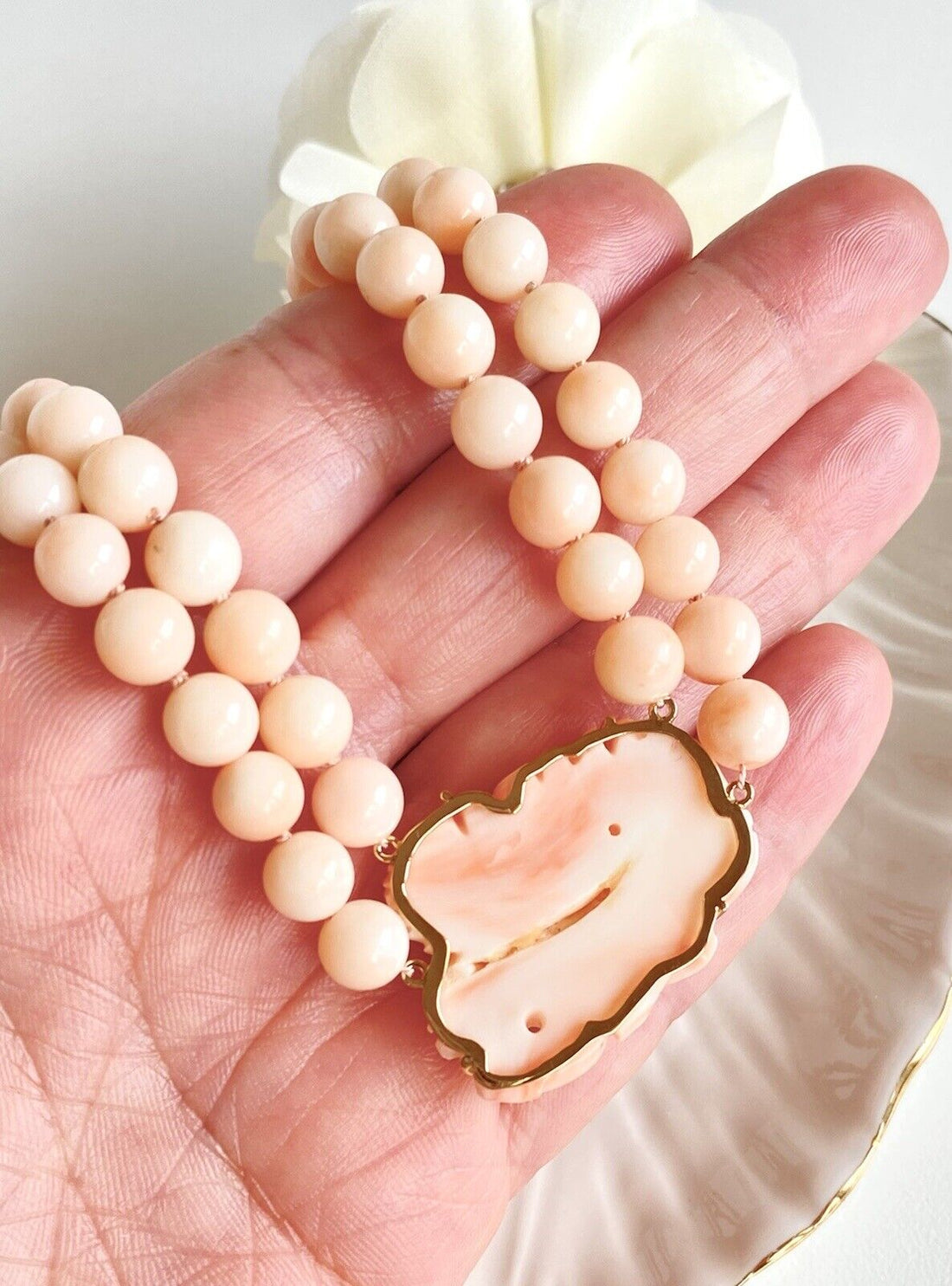 Natural Angel Skin Coral Solid 14k Gold 2-Row Necklace w/ Rose Carving, New, 17"