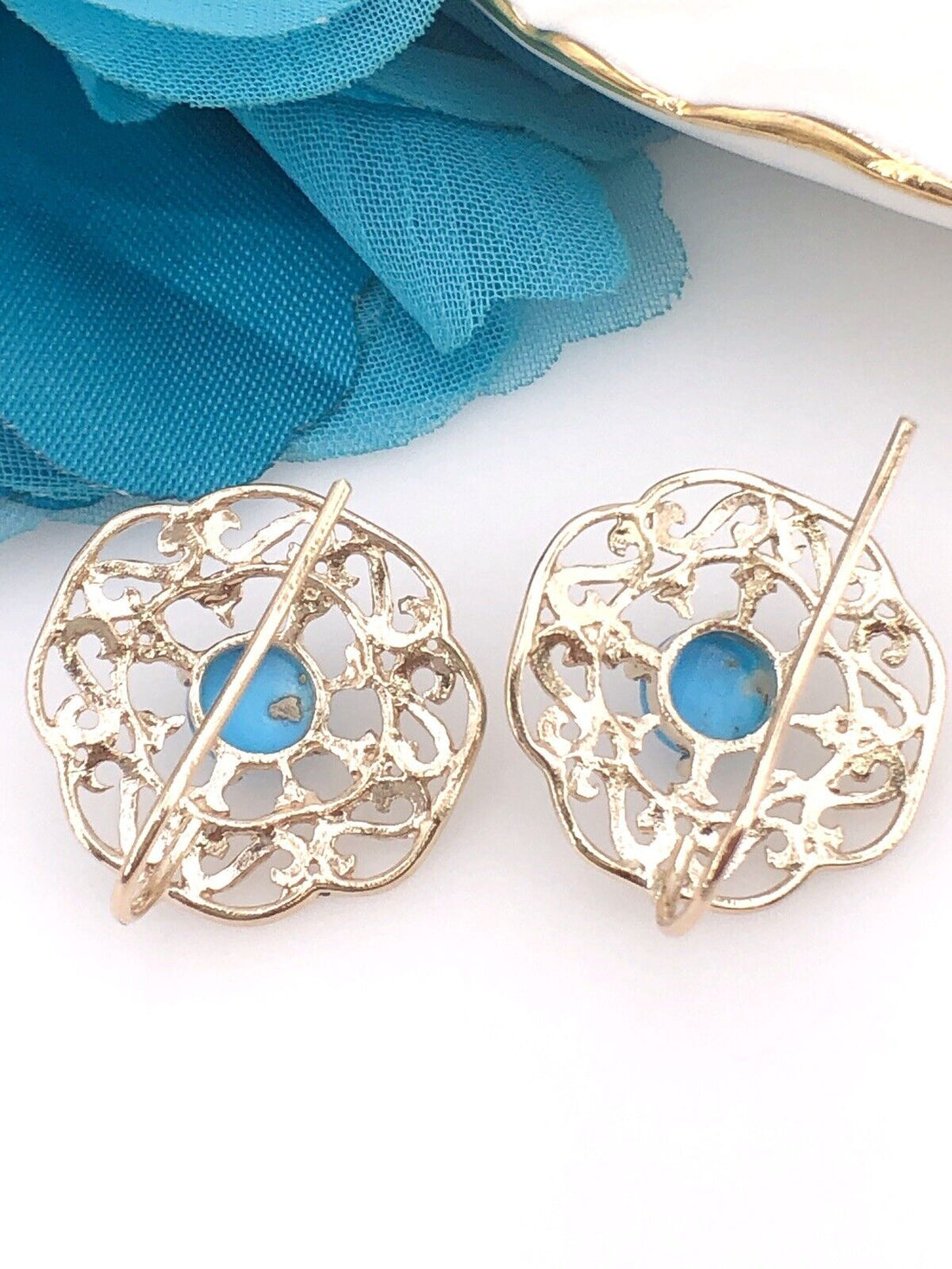 Solid 14k Yellow Gold & Sleeping Beauty Turquoise Filigree Hook Earrings, New