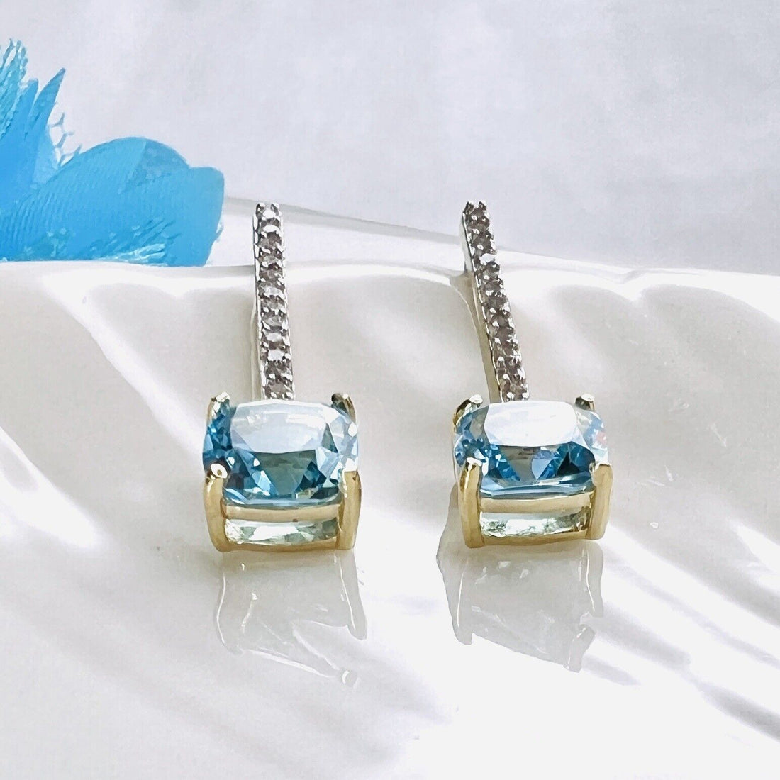 Solid 10k Yellow Gold Genuine Swiss Blue Topaz & Diamond Dangle Earrings, New