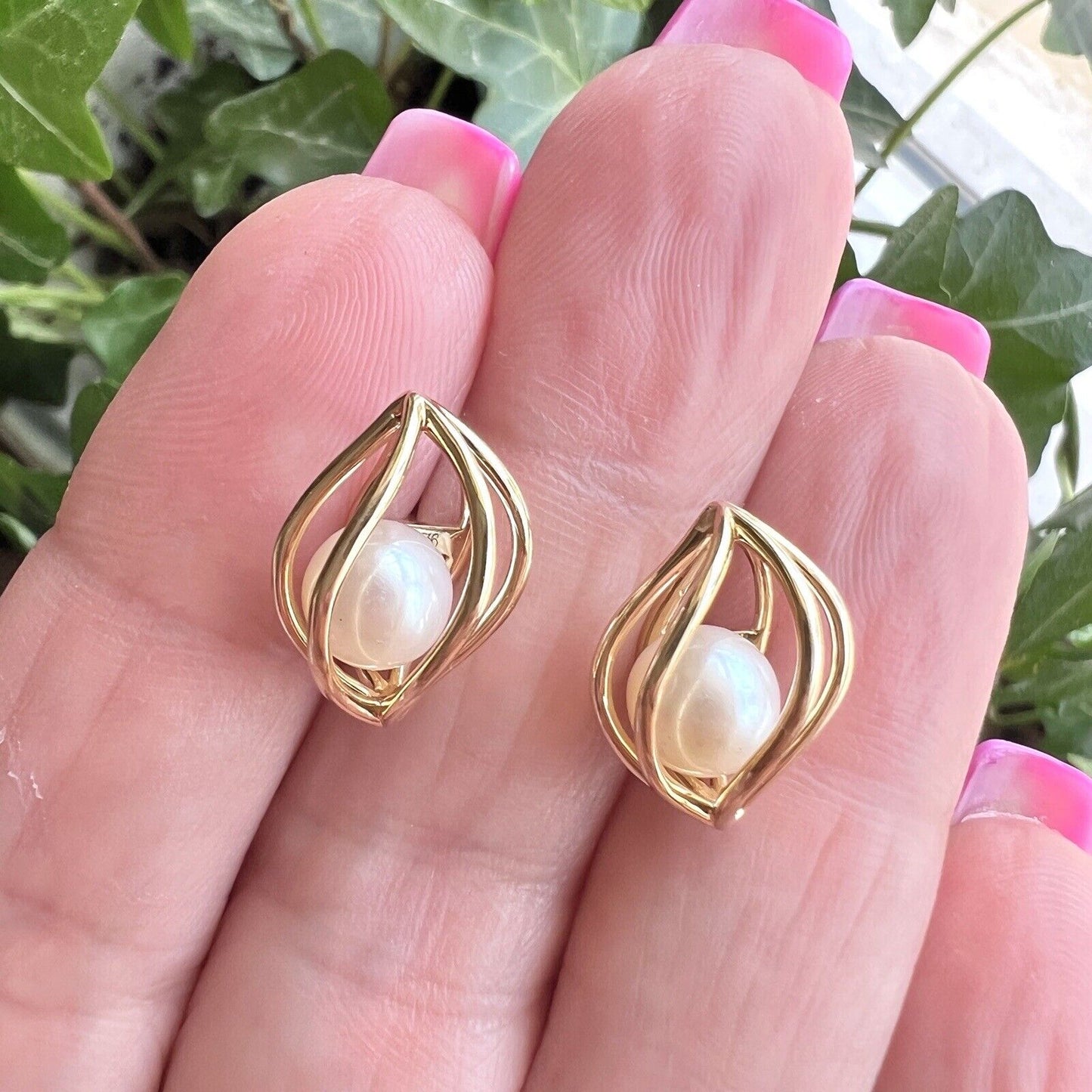 Solid 14k Yellow Gold “Dancing” Pearl Cage-Style Stud Earrings, New