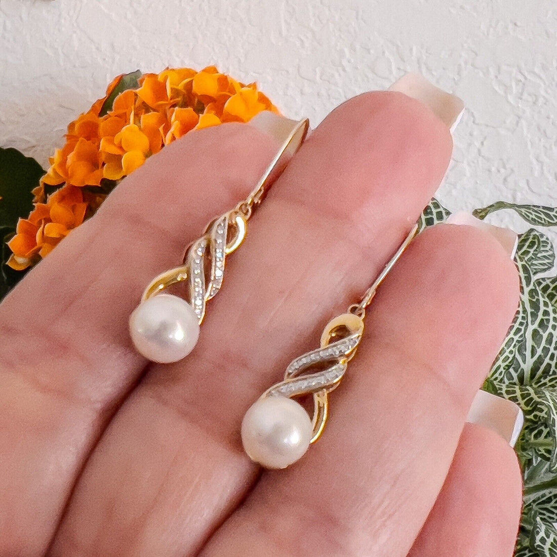 10k Yellow Gold Genuine Pearl & Diamond Dangle/Drop Earrings